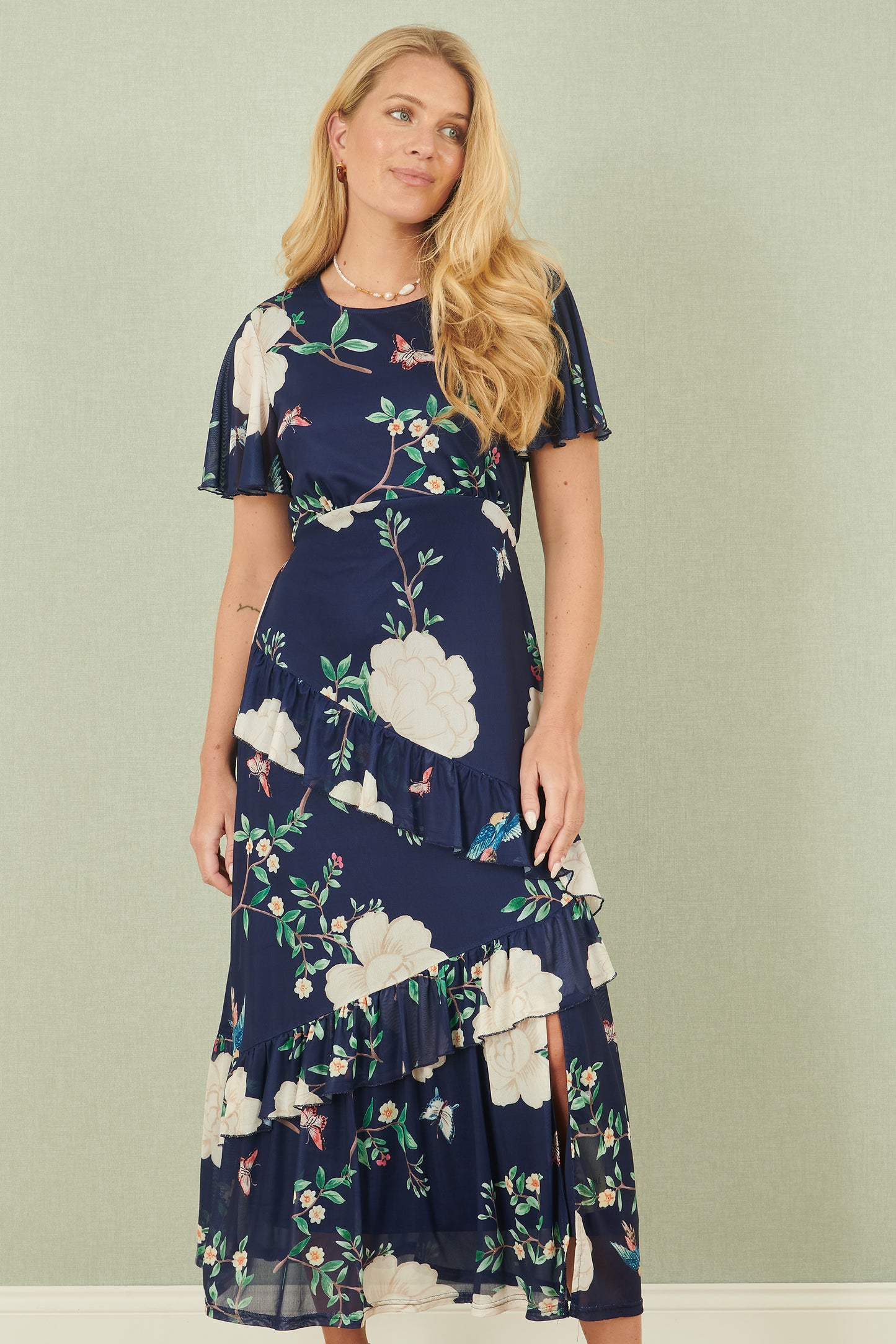 Yumi Navy Mesh Bird And Floral Print Midi Dress With Ruffles Occasionwear Yumi