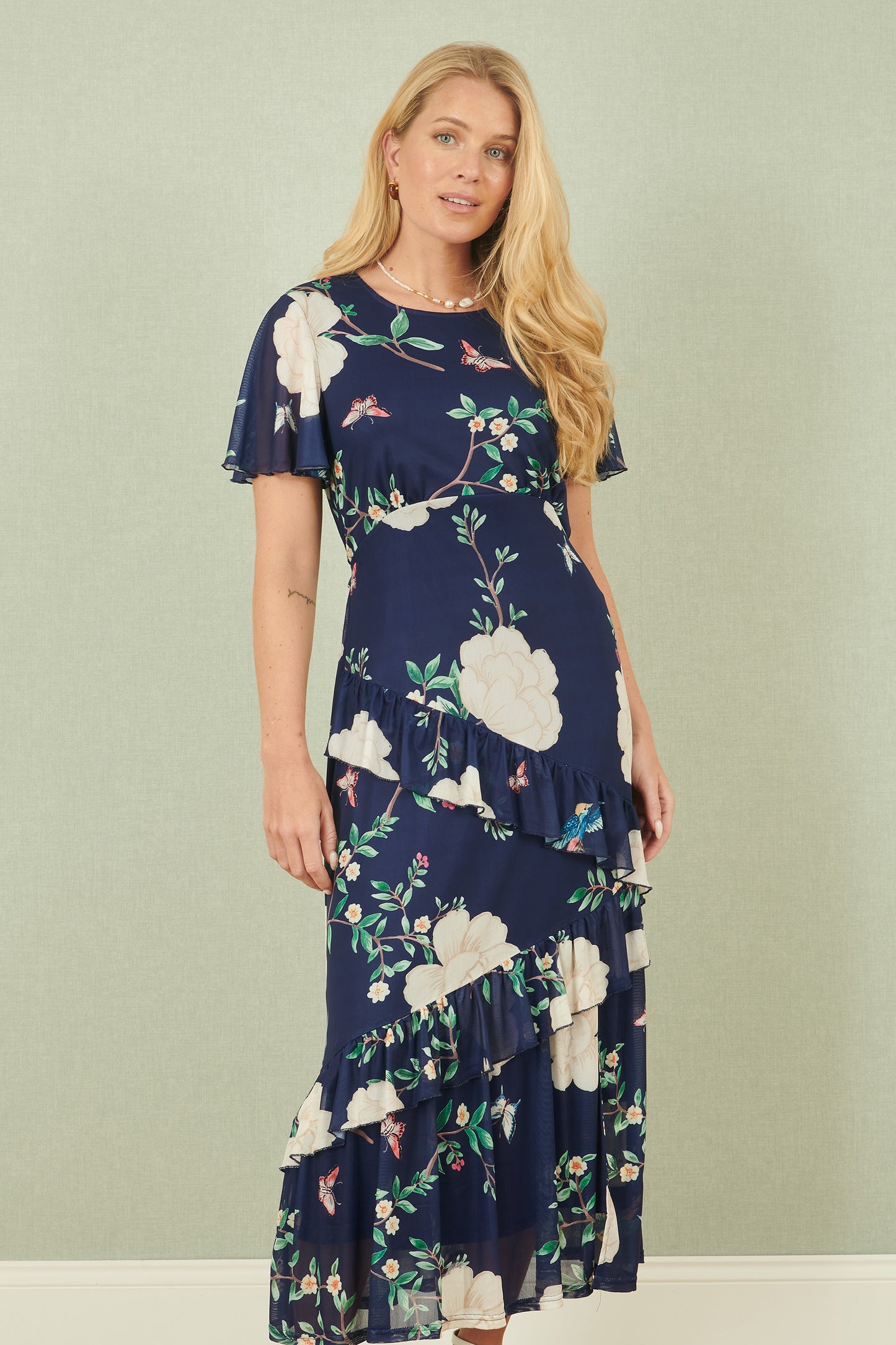 Yumi Navy Mesh Bird And Floral Print Midi Dress With Ruffles Occasionwear Yumi