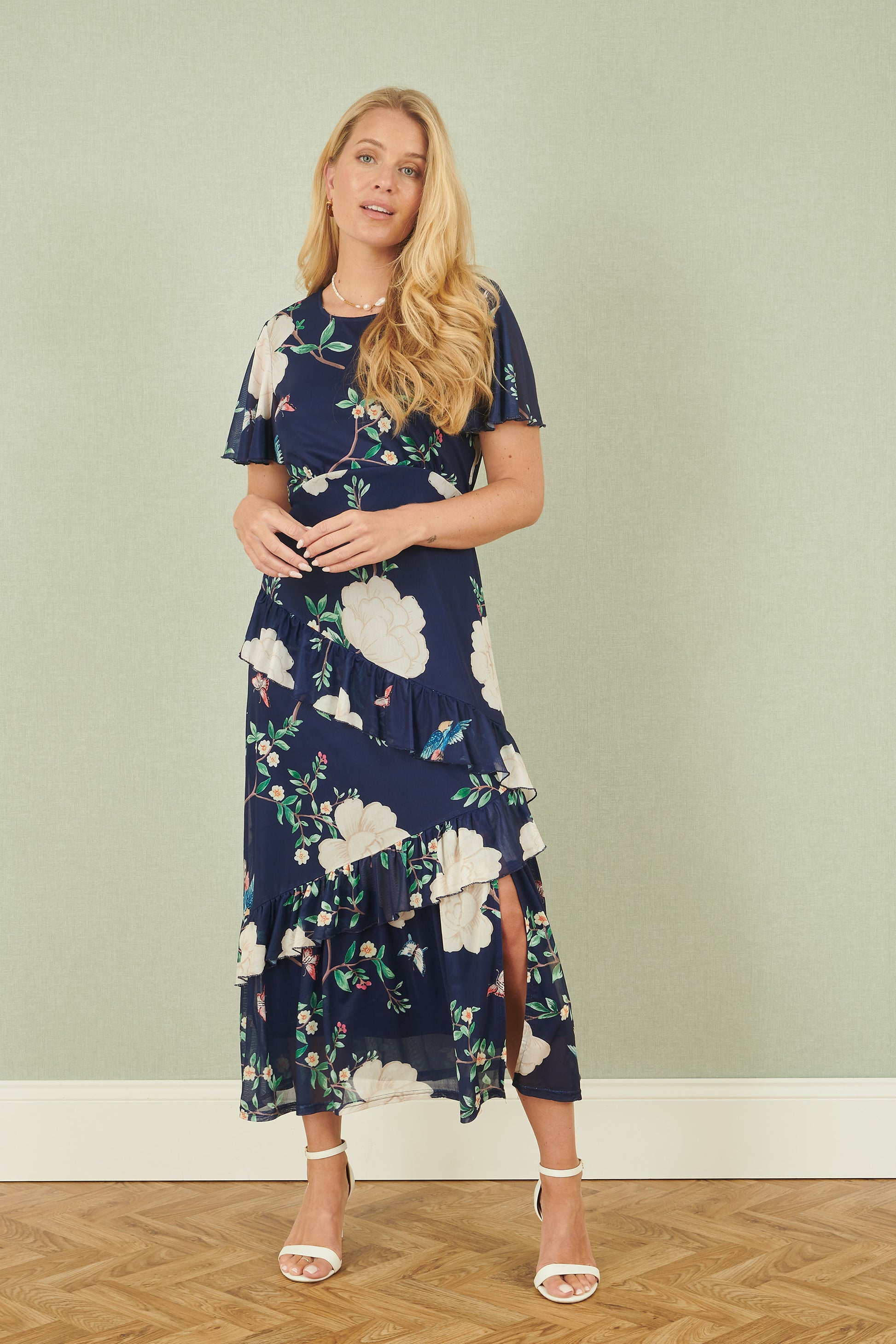 Yumi Navy Mesh Bird And Floral Print Midi Dress With Ruffles Occasionwear Yumi