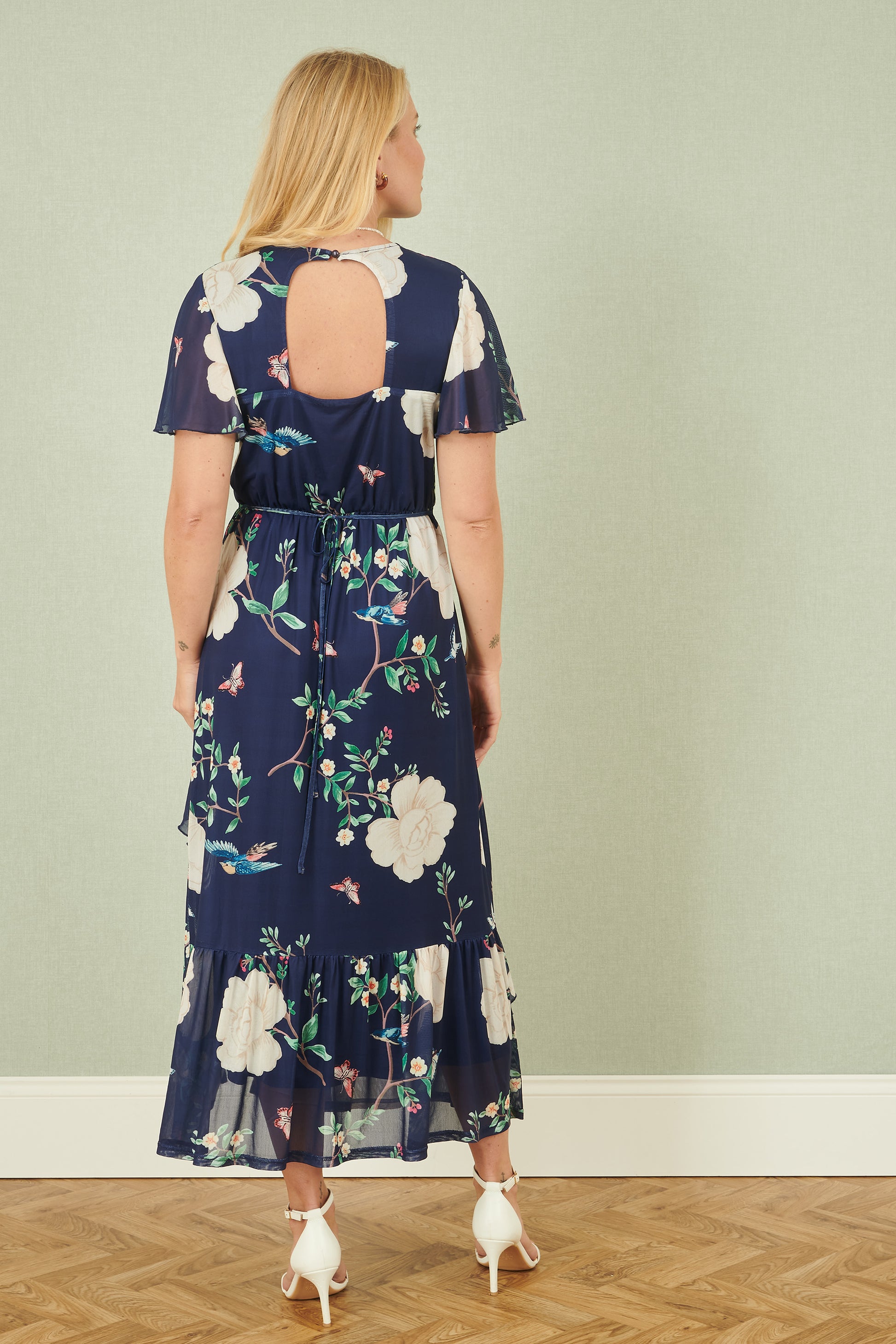 Yumi Navy Mesh Bird And Floral Print Midi Dress With Ruffles Occasionwear Yumi