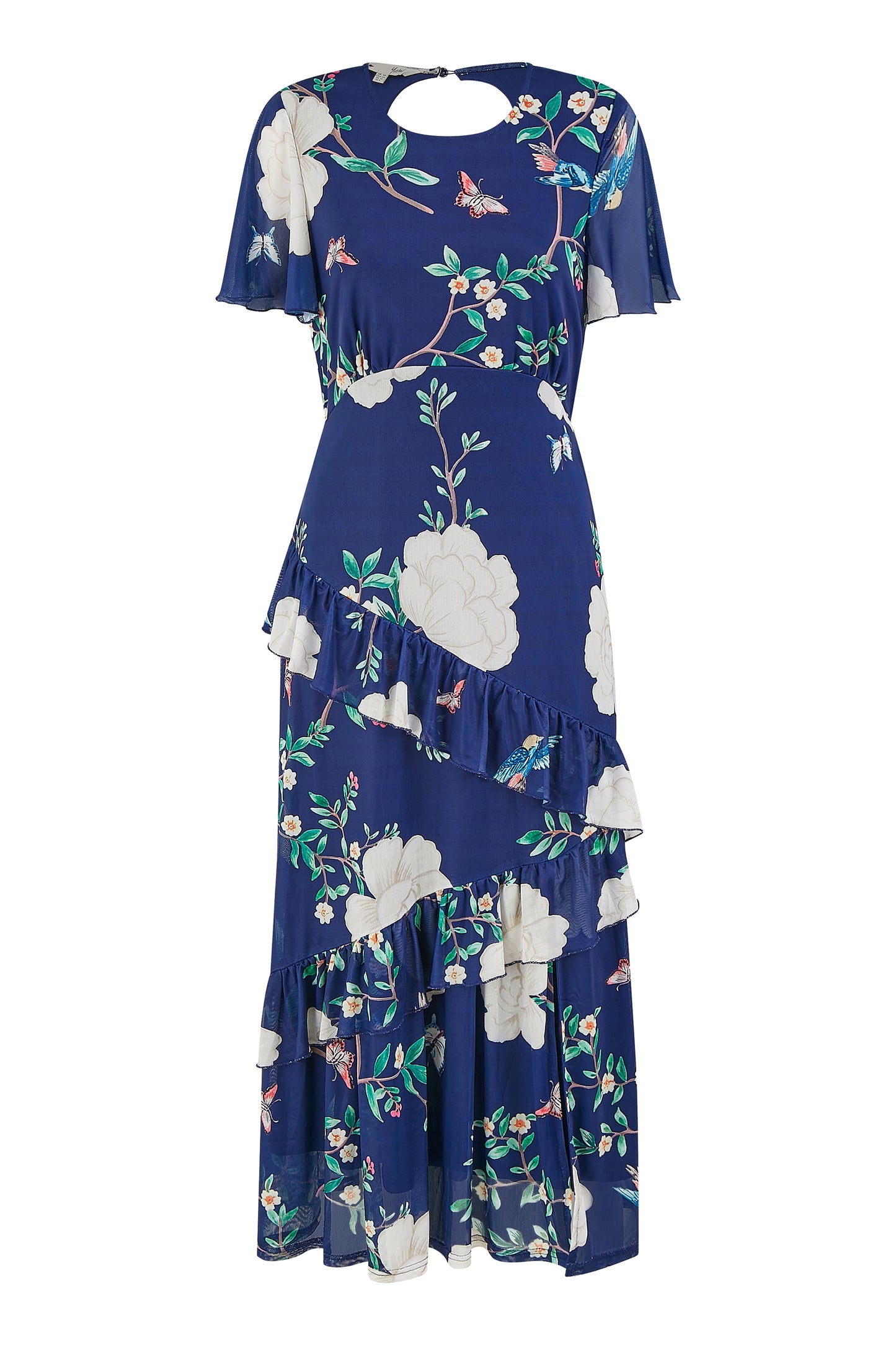 Yumi Navy Mesh Bird And Floral Print Midi Dress With Ruffles Occasionwear Yumi