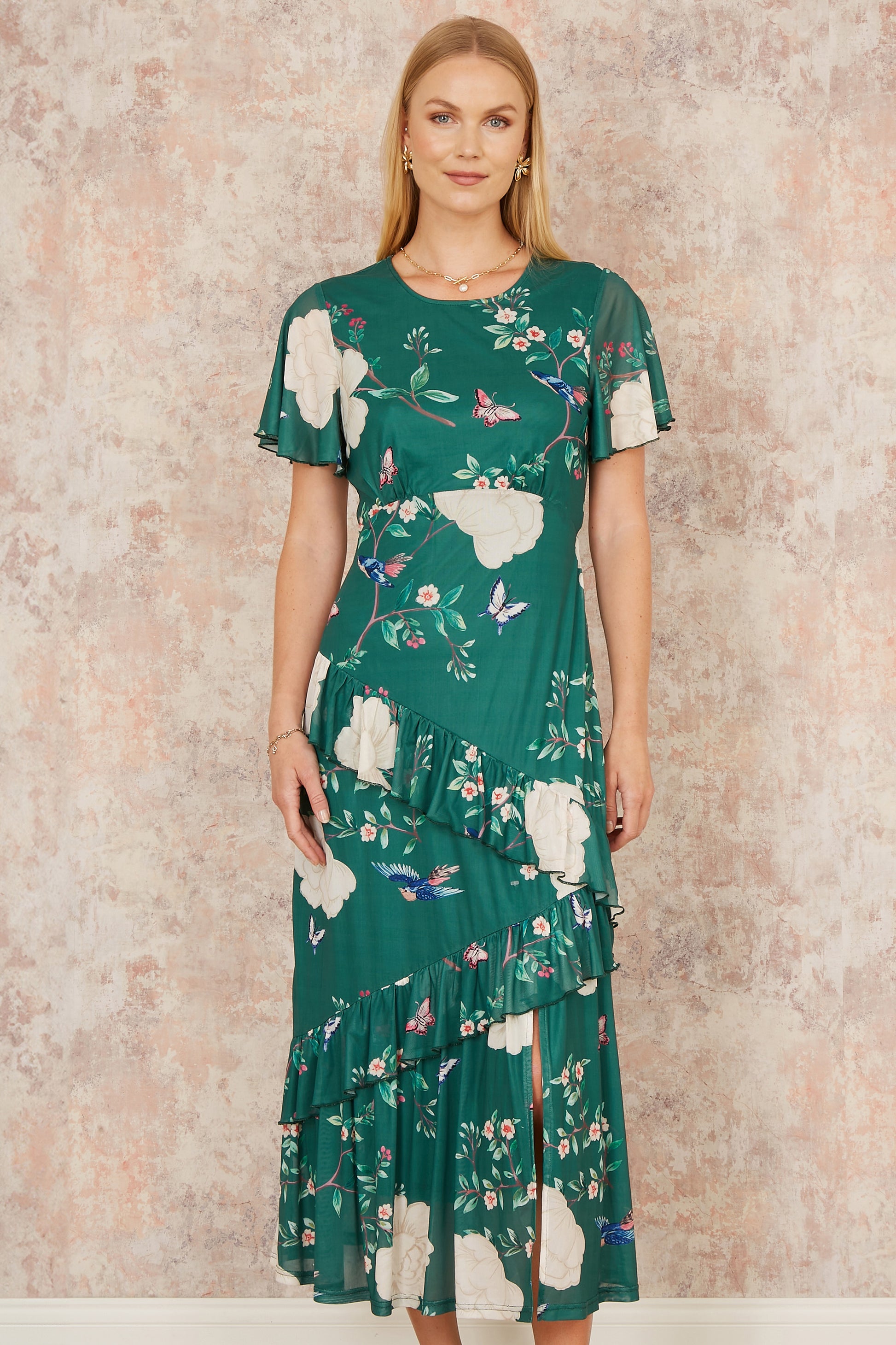 Yumi Green Mesh Bird And Floral Print Midi Dress With Ruffles Occasionwear Yumi