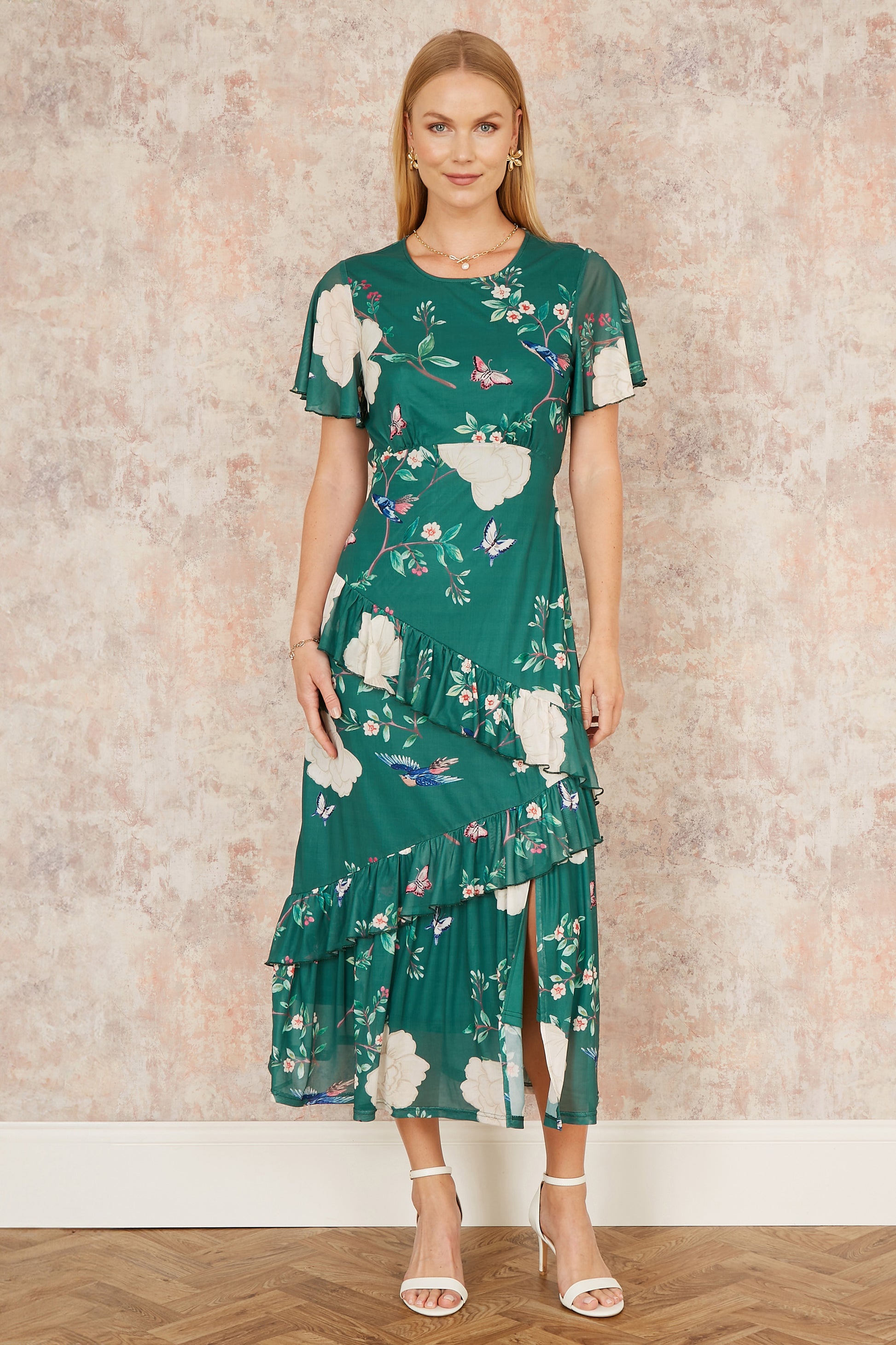 Yumi Green Mesh Bird And Floral Print Midi Dress With Ruffles Occasionwear Yumi