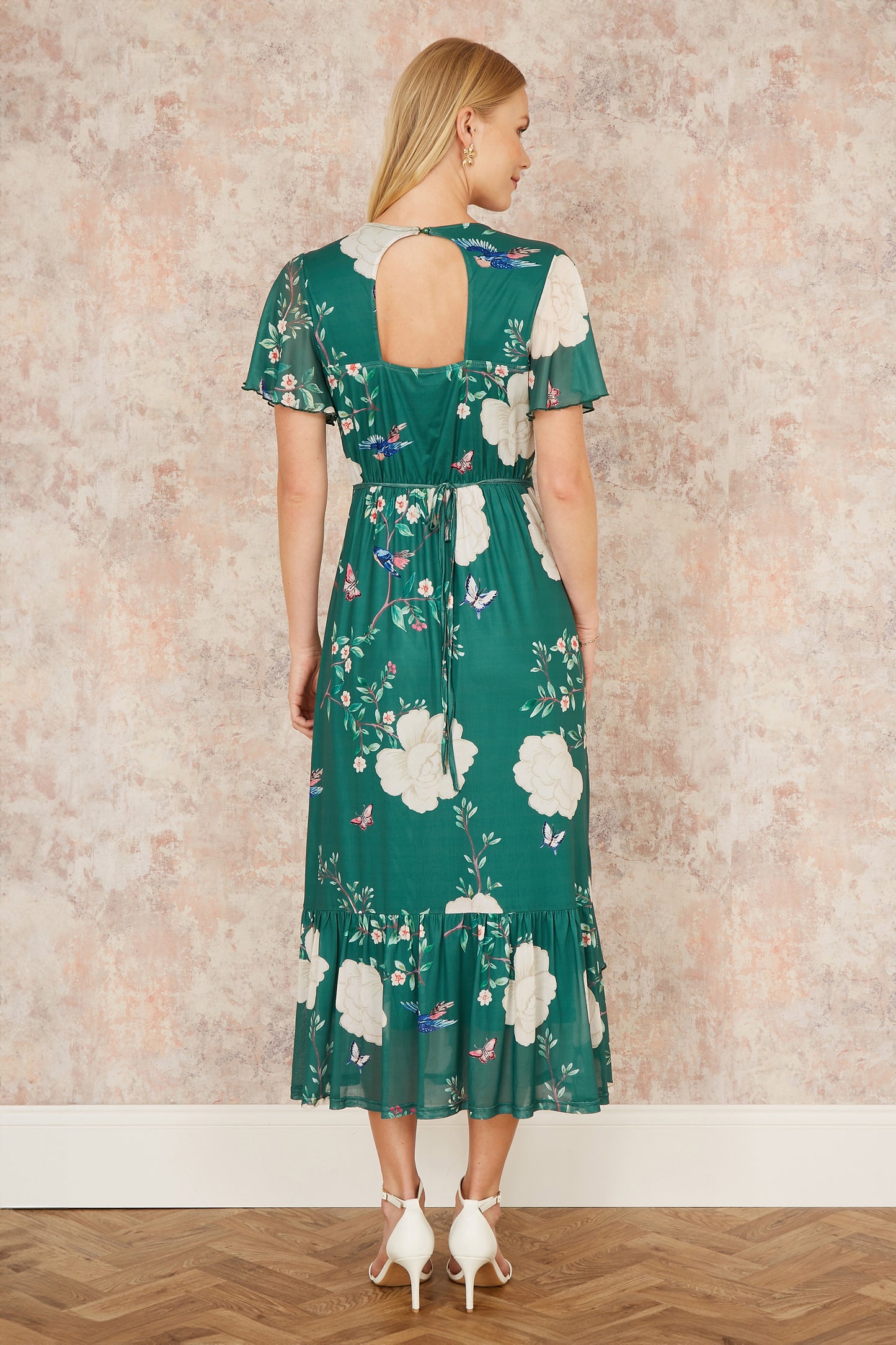 Yumi Green Mesh Bird And Floral Print Midi Dress With Ruffles Occasionwear Yumi