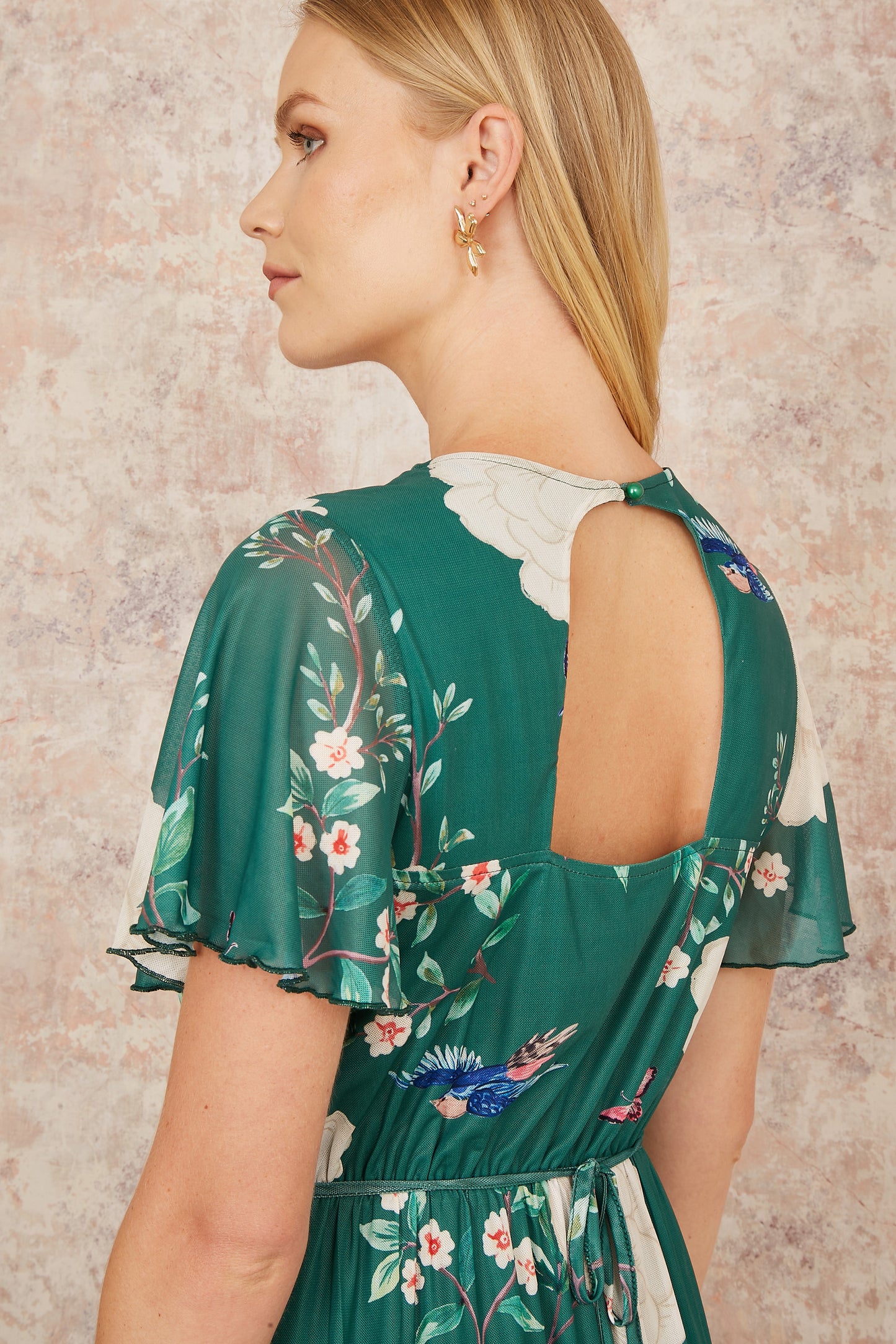 Yumi Green Mesh Bird And Floral Print Midi Dress With Ruffles Occasionwear Yumi