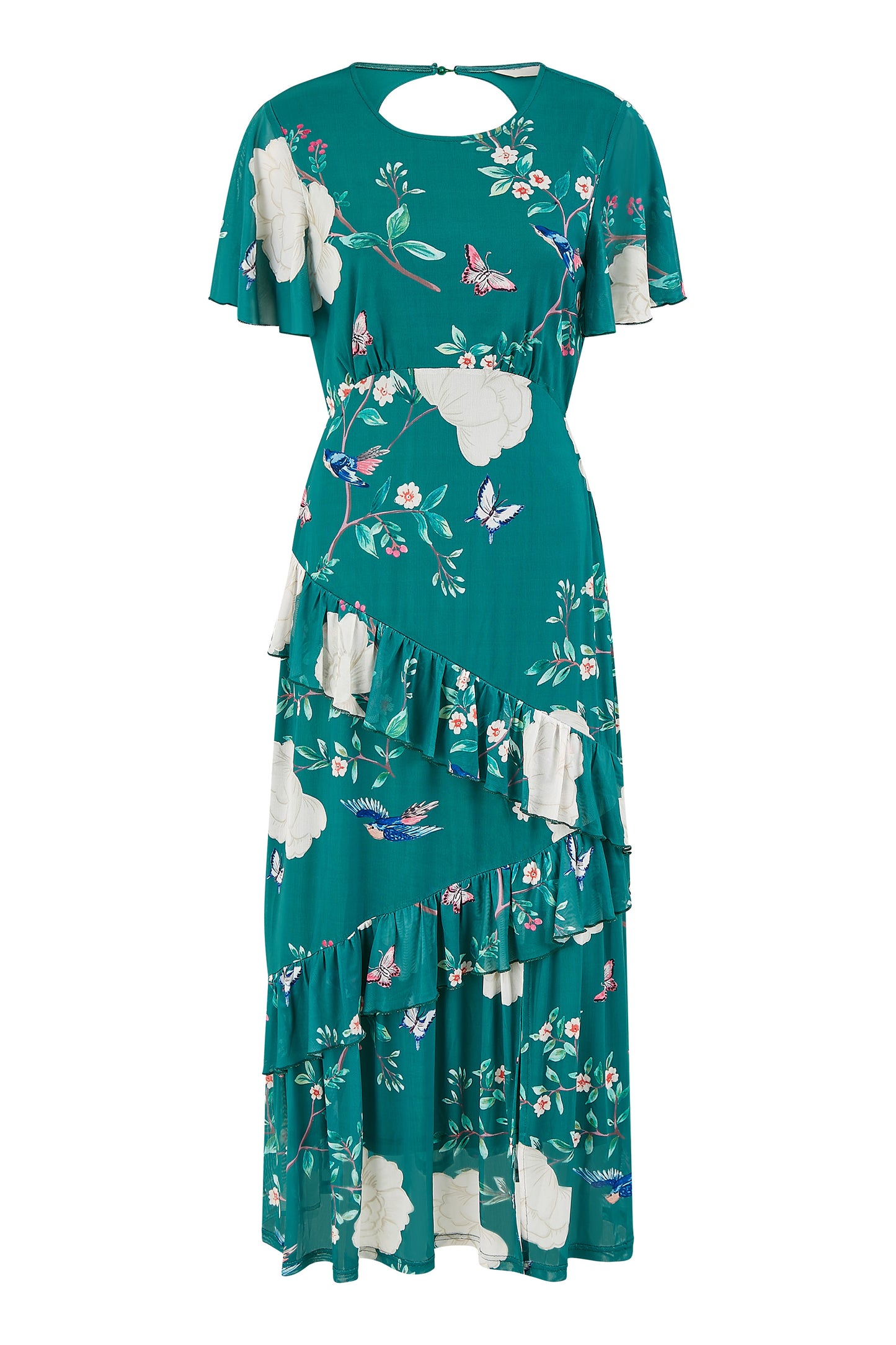 Yumi Green Mesh Bird And Floral Print Midi Dress With Ruffles Occasionwear Yumi