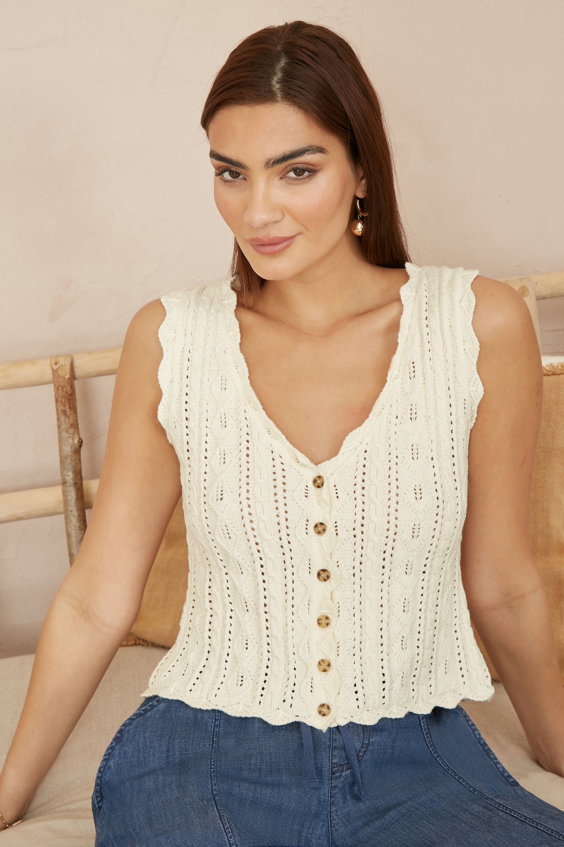 Yumi Beige V Neck Button Down Crochet Knitted Top KNIT Cardi Yumi