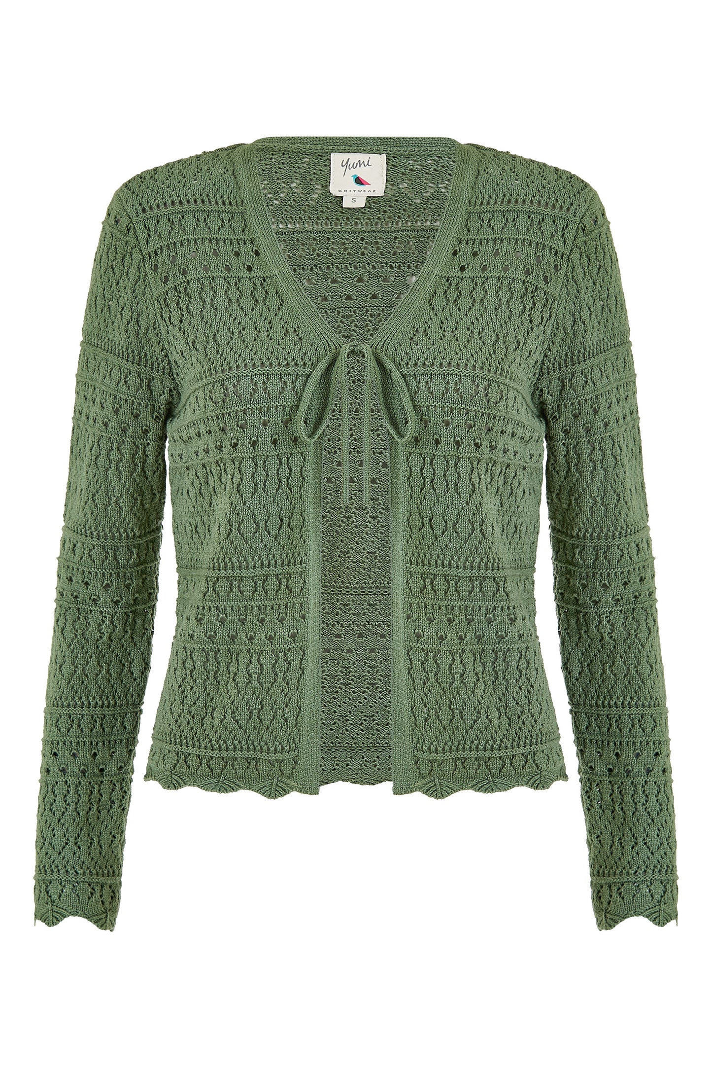 Yumi Green Crochet Tie Front Cardigan KNIT Cardi Yumi