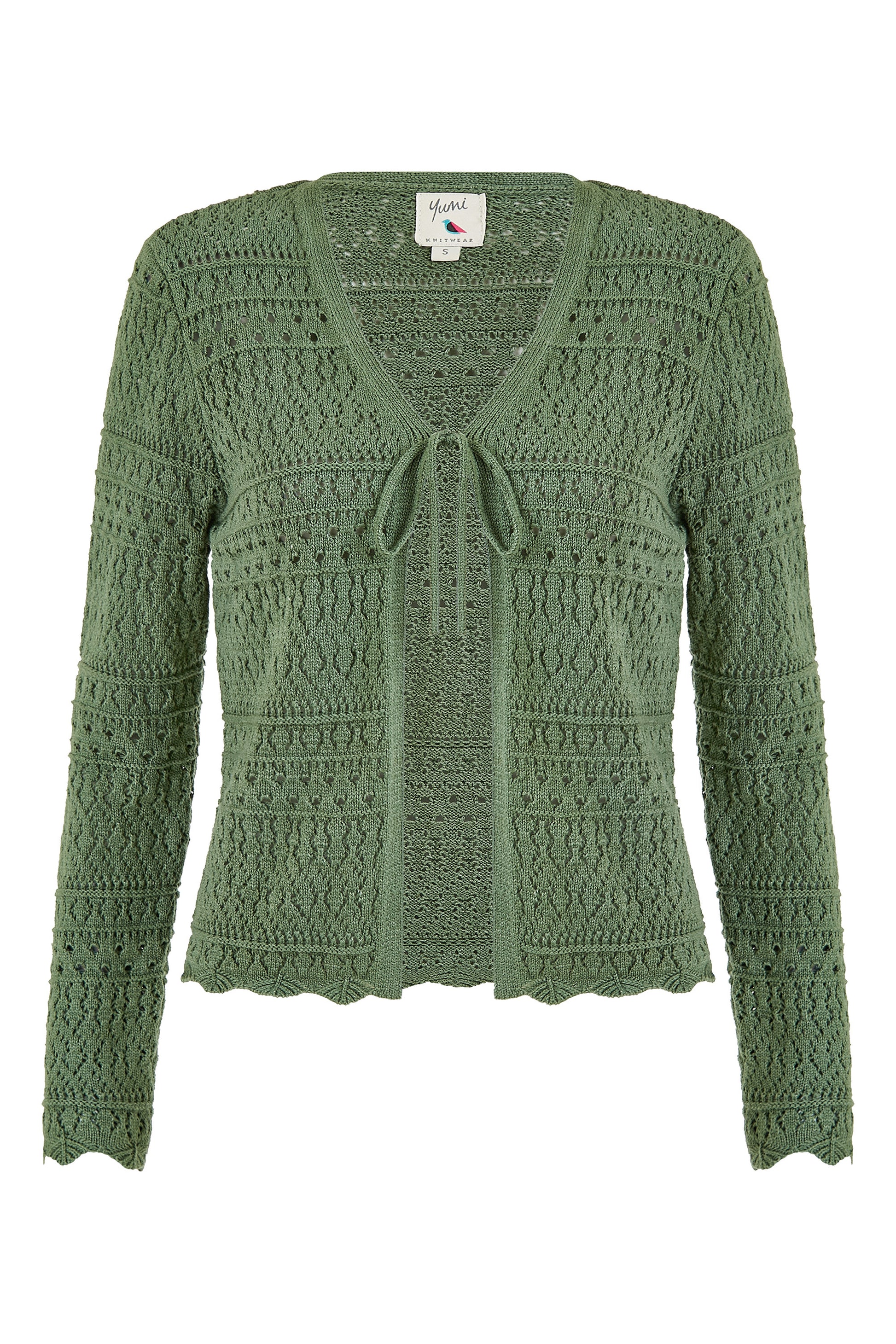 Yumi Green Crochet Tie Front Cardigan KNIT Cardi Yumi