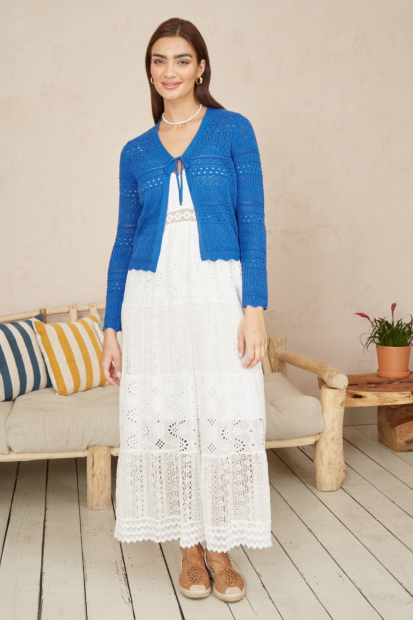 Yumi Blue Crochet Tie Front Cardigan KNIT Cardi Yumi