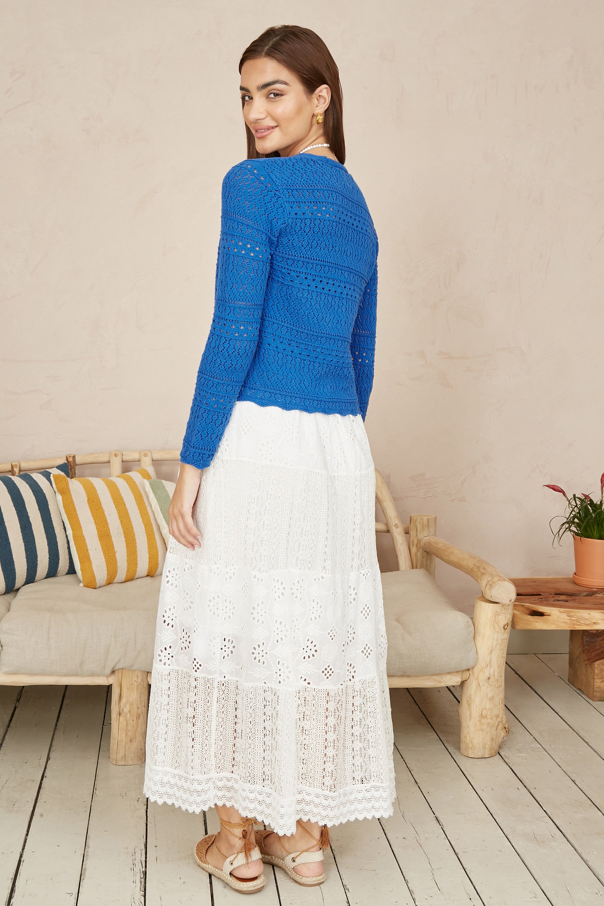 Yumi Blue Crochet Tie Front Cardigan KNIT Cardi Yumi