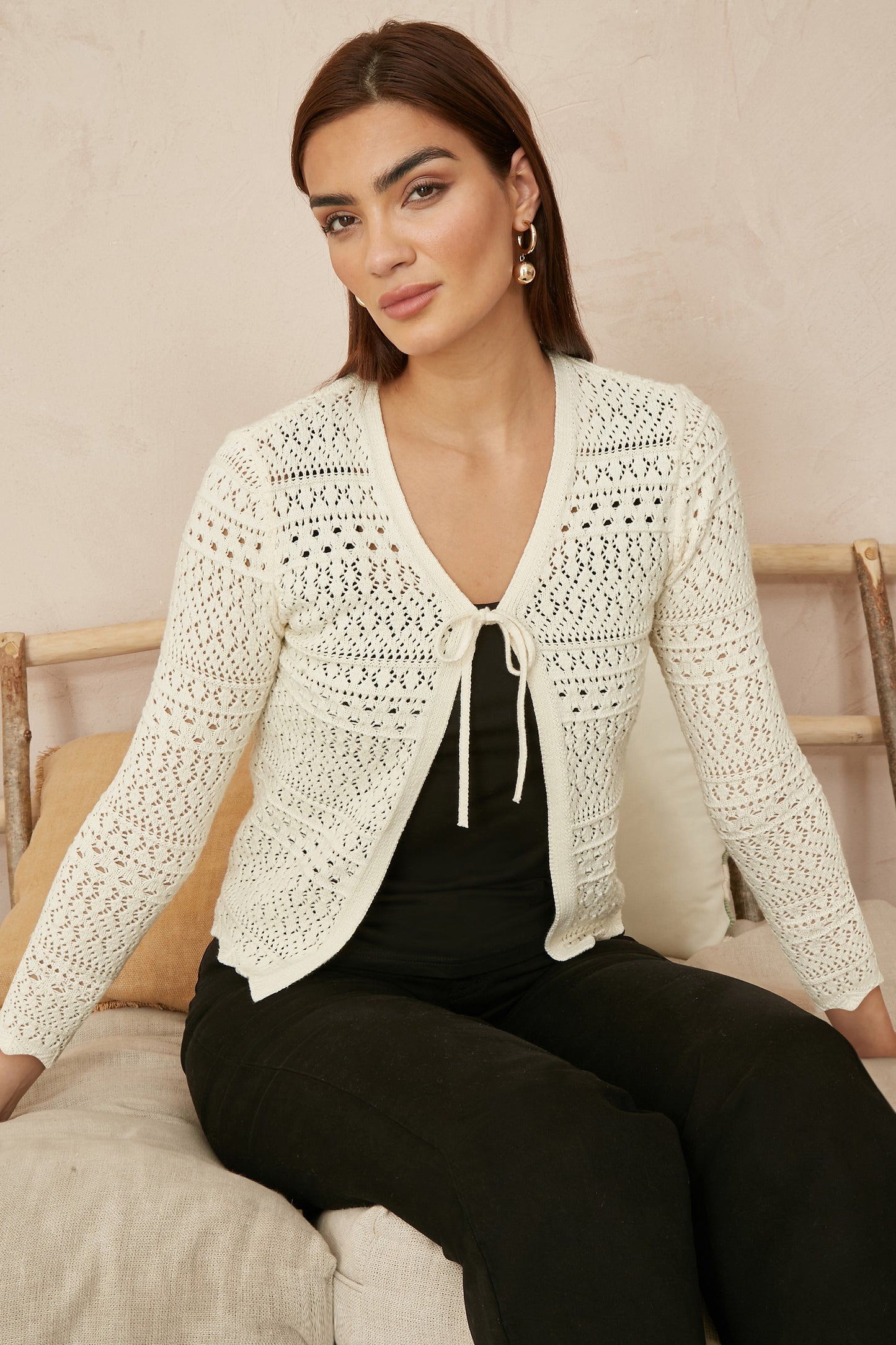 Yumi Ivory Crochet Tie Front Cardigan KNIT Cardi Yumi