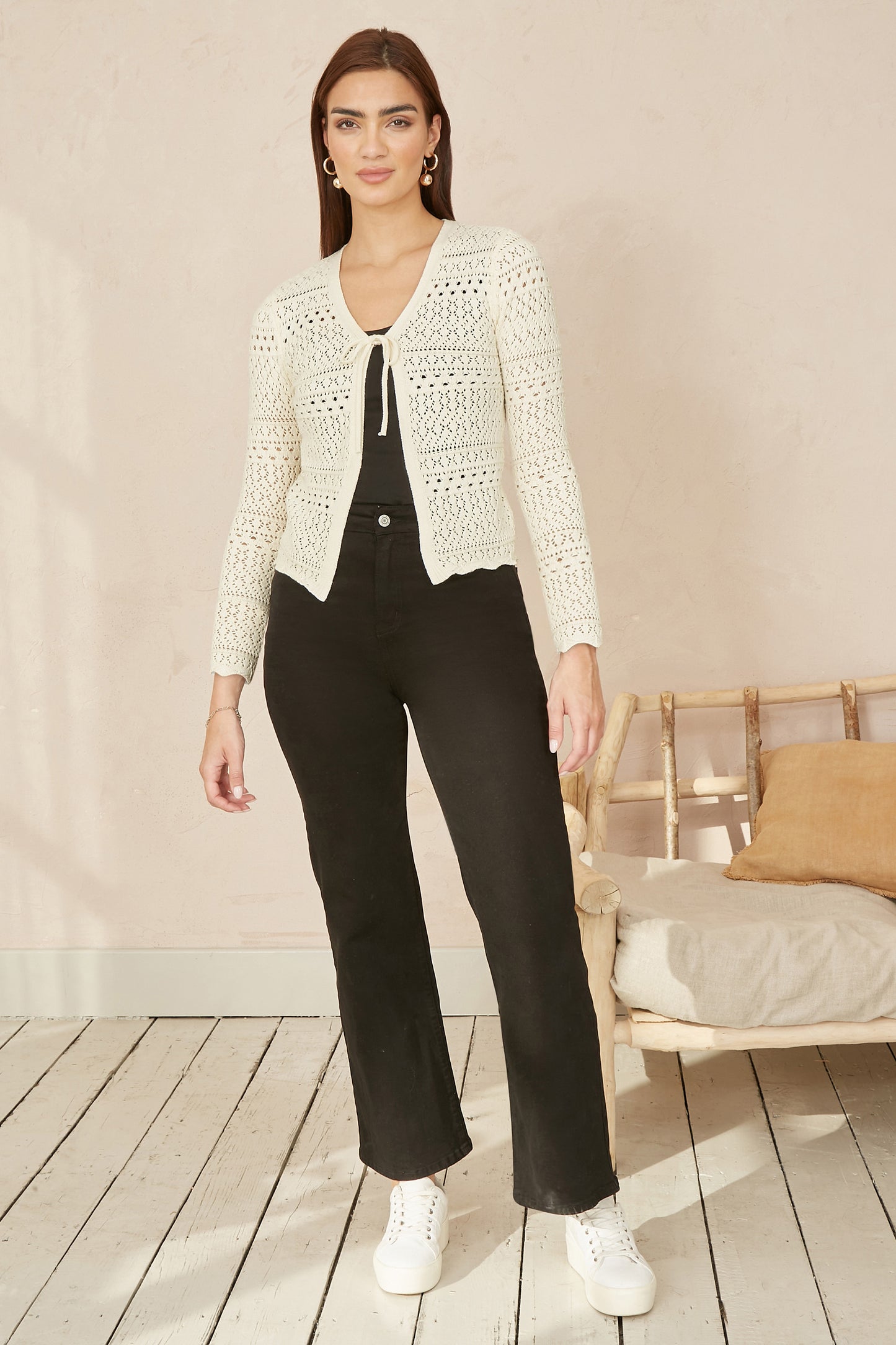 Yumi Ivory Crochet Tie Front Cardigan KNIT Cardi Yumi