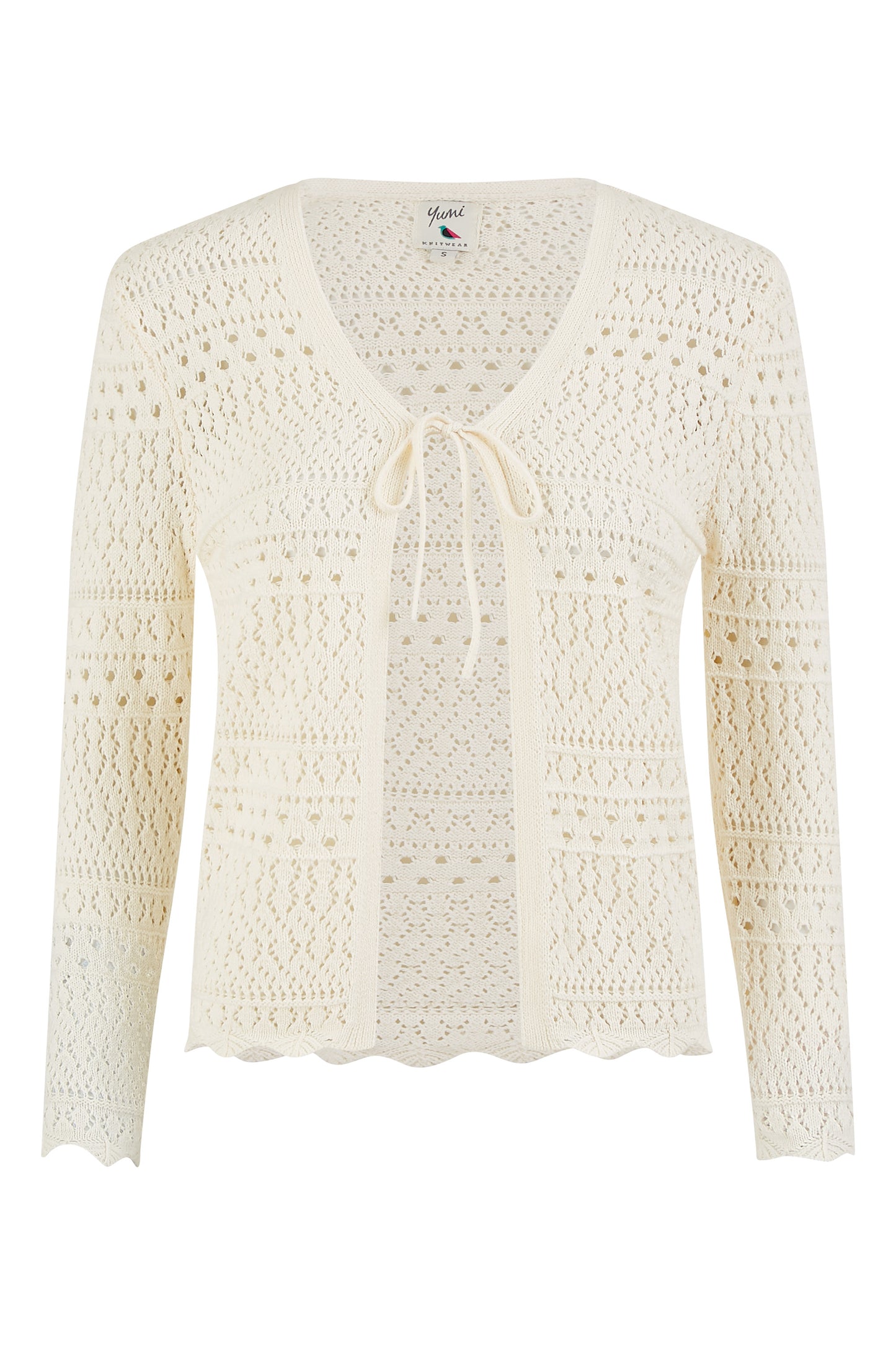 Yumi Ivory Crochet Tie Front Cardigan KNIT Cardi Yumi