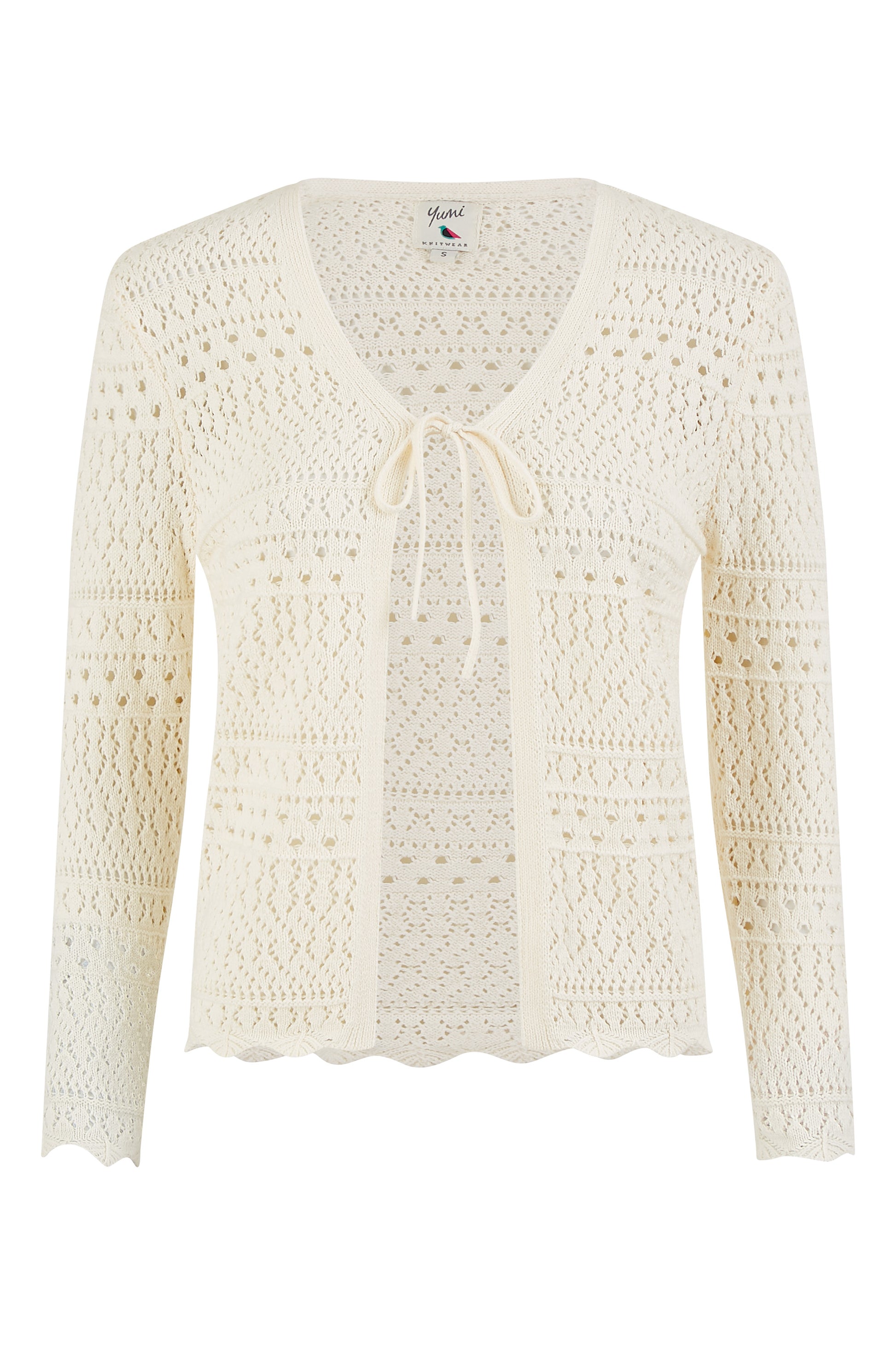 Yumi Ivory Crochet Tie Front Cardigan KNIT Cardi Yumi