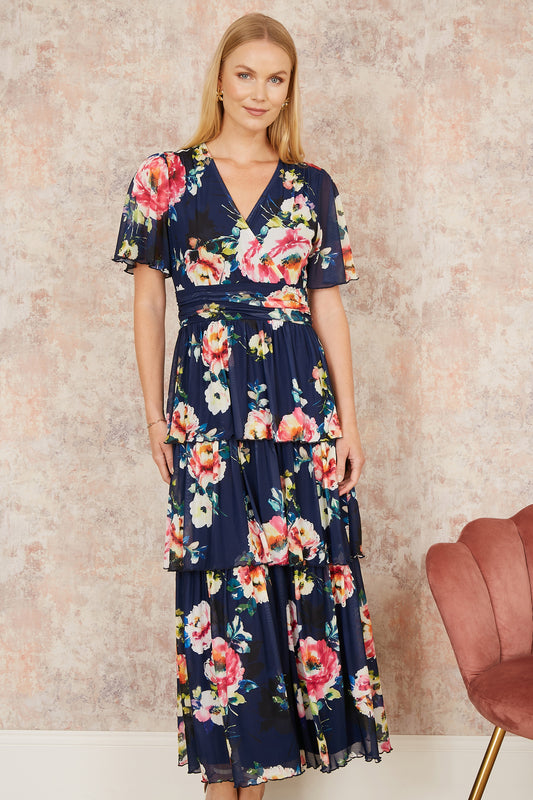 Yumi Navy Floral Mesh Tiered Maxi Dress Occasionwear Yumi