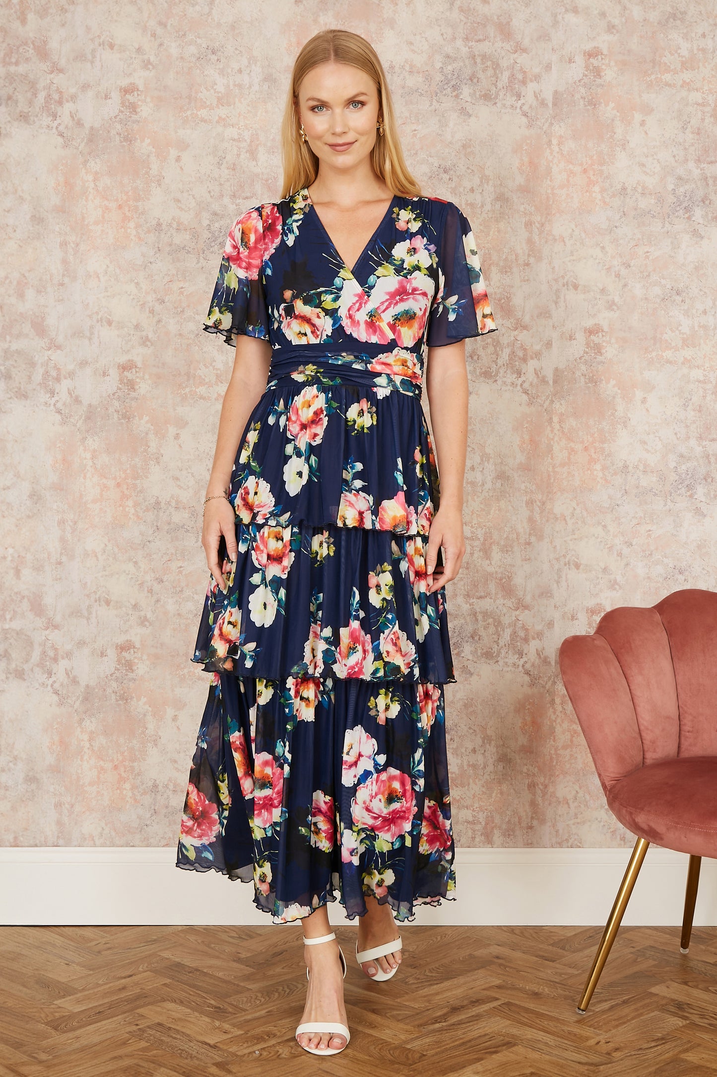 Yumi Navy Floral Mesh Tiered Maxi Dress Occasionwear Yumi