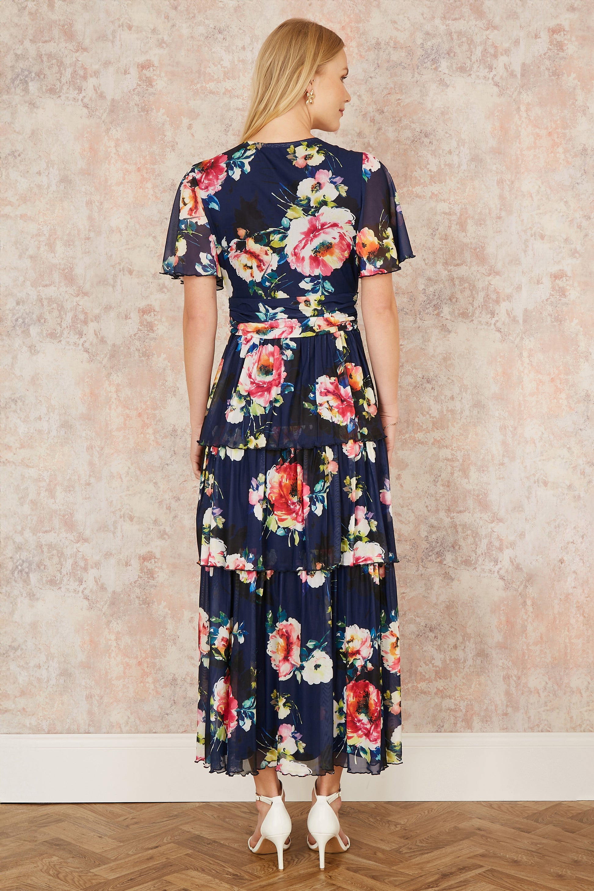 Yumi Navy Floral Mesh Tiered Maxi Dress Occasionwear Yumi