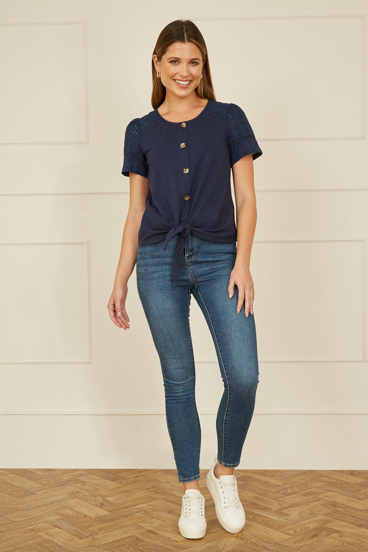 Yumi Navy Jersey Button Detail T-Shirt With Broderie Anglaise Sleeves And Tie Front Top Yumi