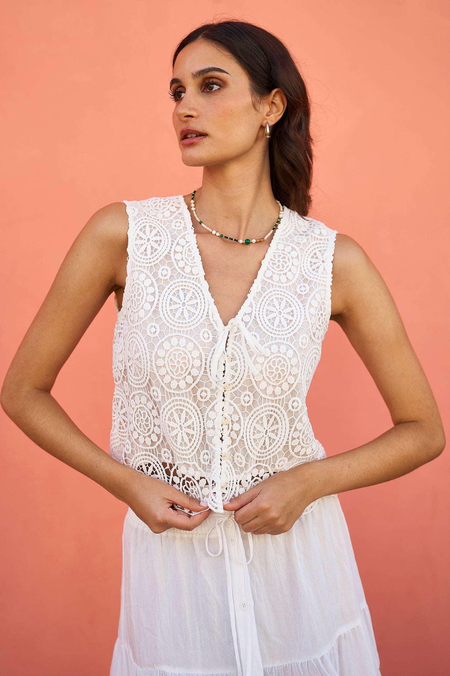 Yumi White Crochet Lace Tie Waistcoat Top Yumi