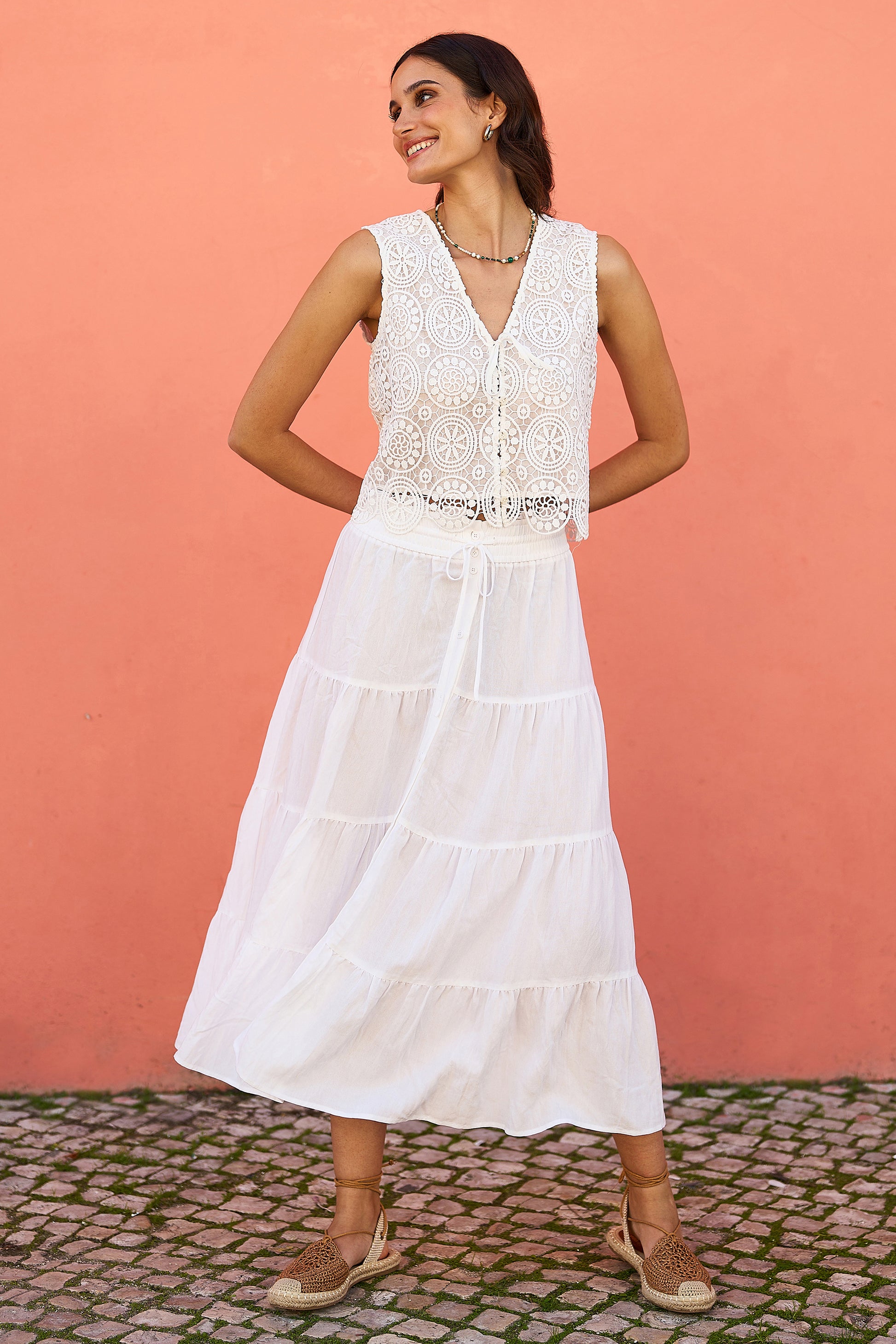 Yumi White Crochet Lace Tie Waistcoat Top Yumi