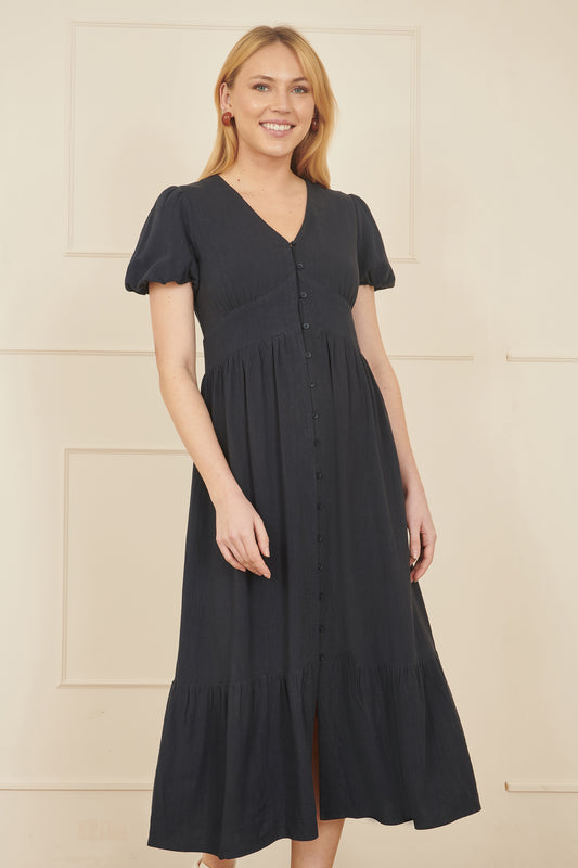 Yumi Navy Viscose Button Through Midi Dress DRES Day Yumi