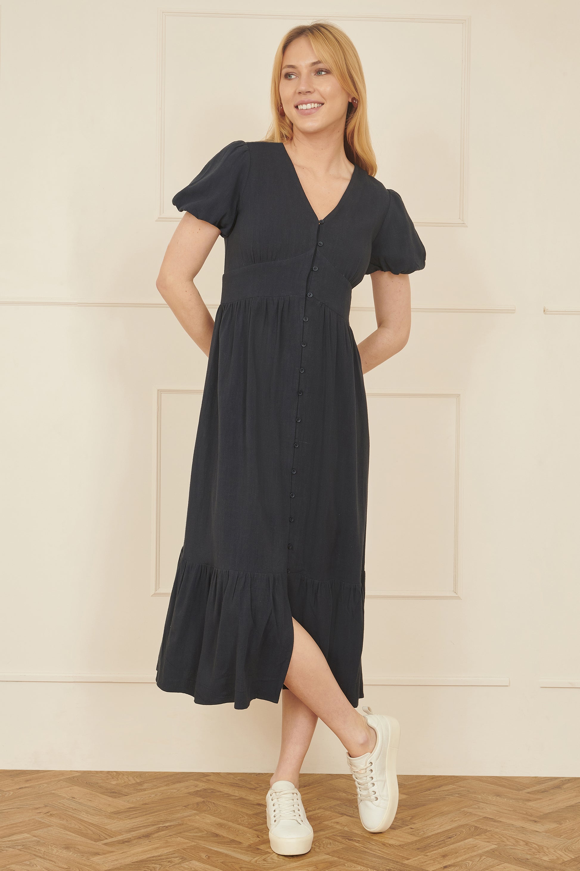 Yumi Navy Viscose Button Through Midi Dress DRES Day Yumi