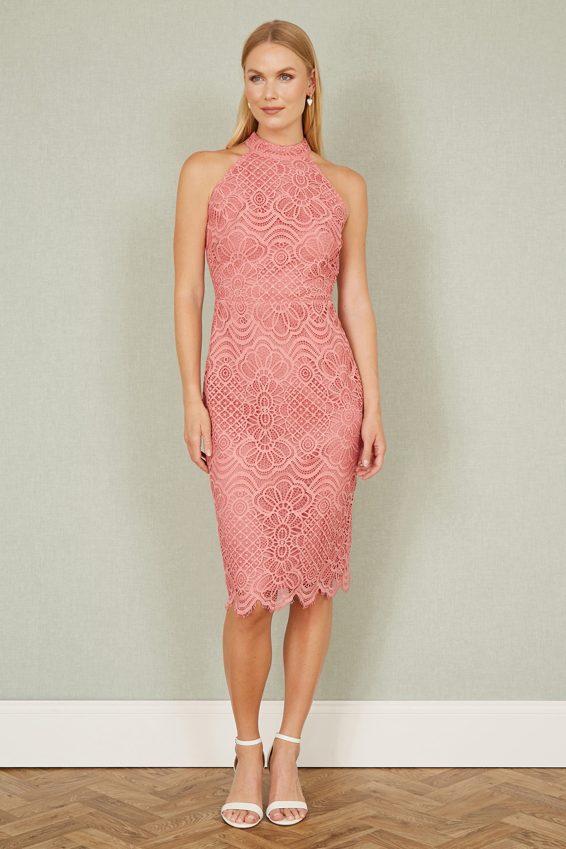 Yumi Pink Lace Halter Neck Dress Occasionwear Yumi