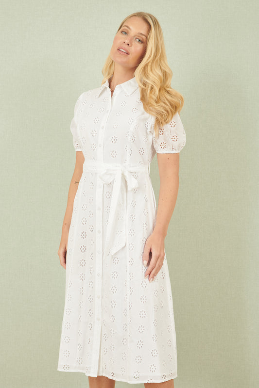 Yumi White Cotton Broderie Anglaise Midi Shirt Dress DRES Day Yumi