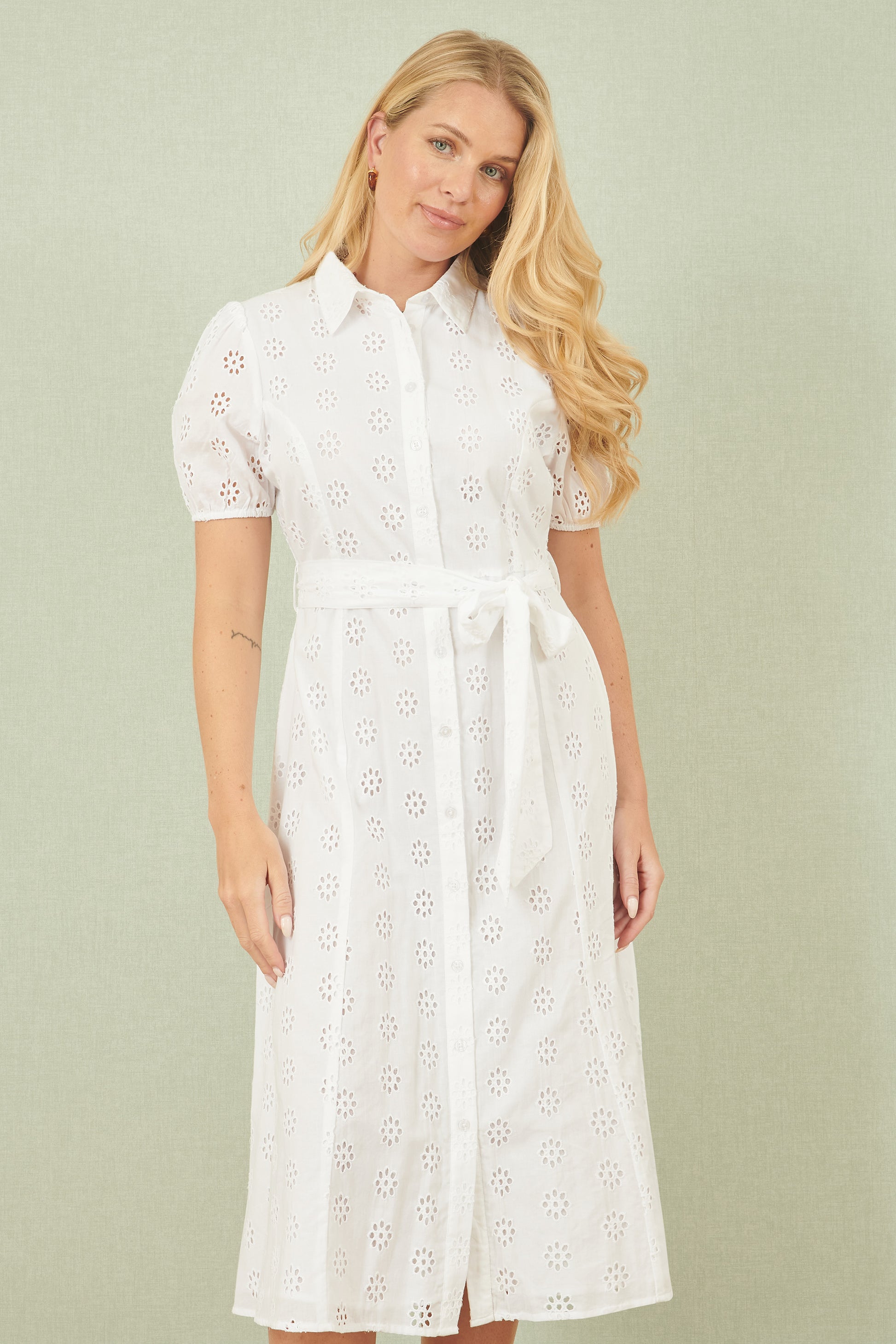 Yumi White Cotton Broderie Anglaise Midi Shirt Dress DRES Day Yumi