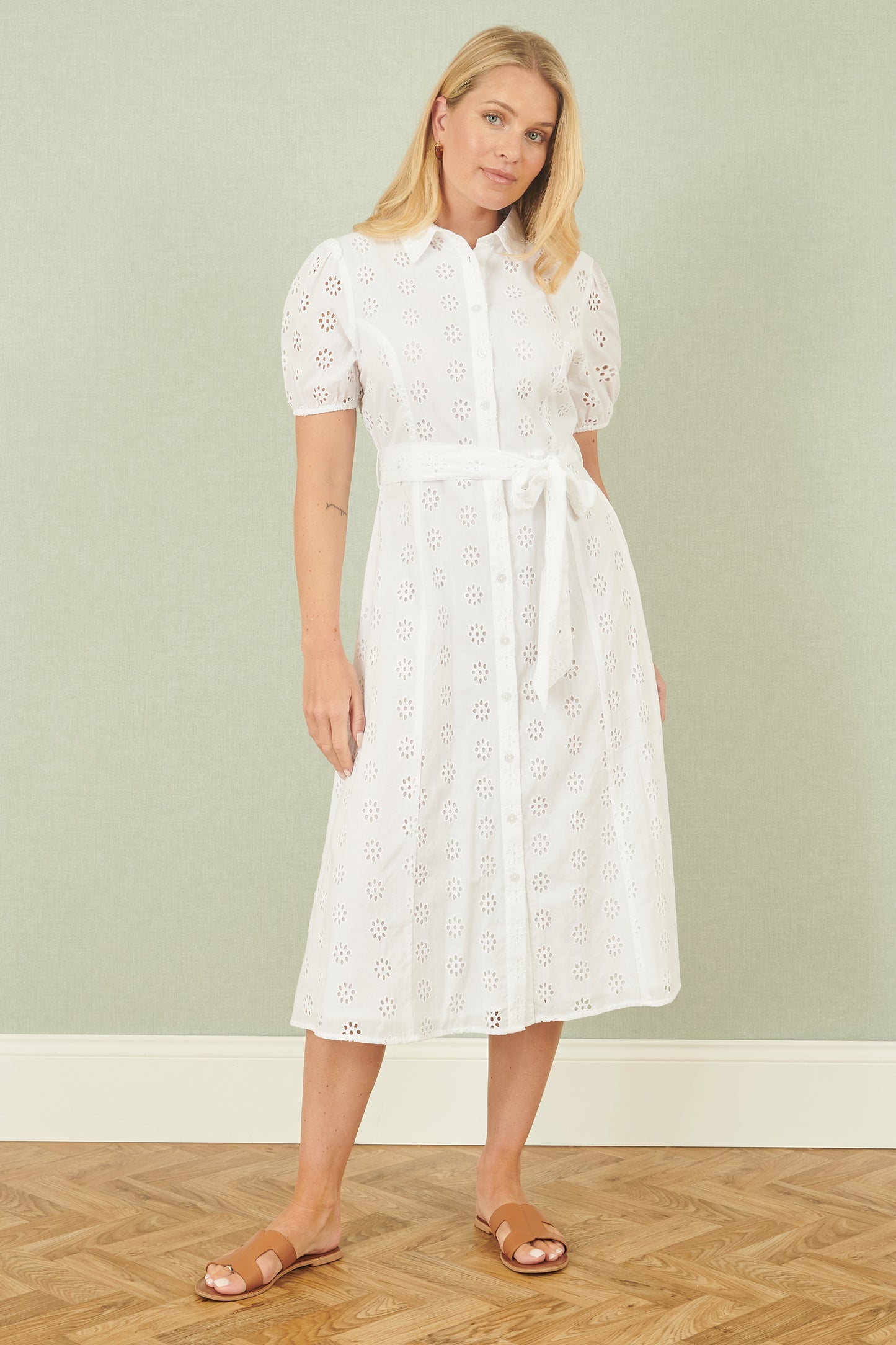 Yumi White Cotton Broderie Anglaise Midi Shirt Dress DRES Day Yumi