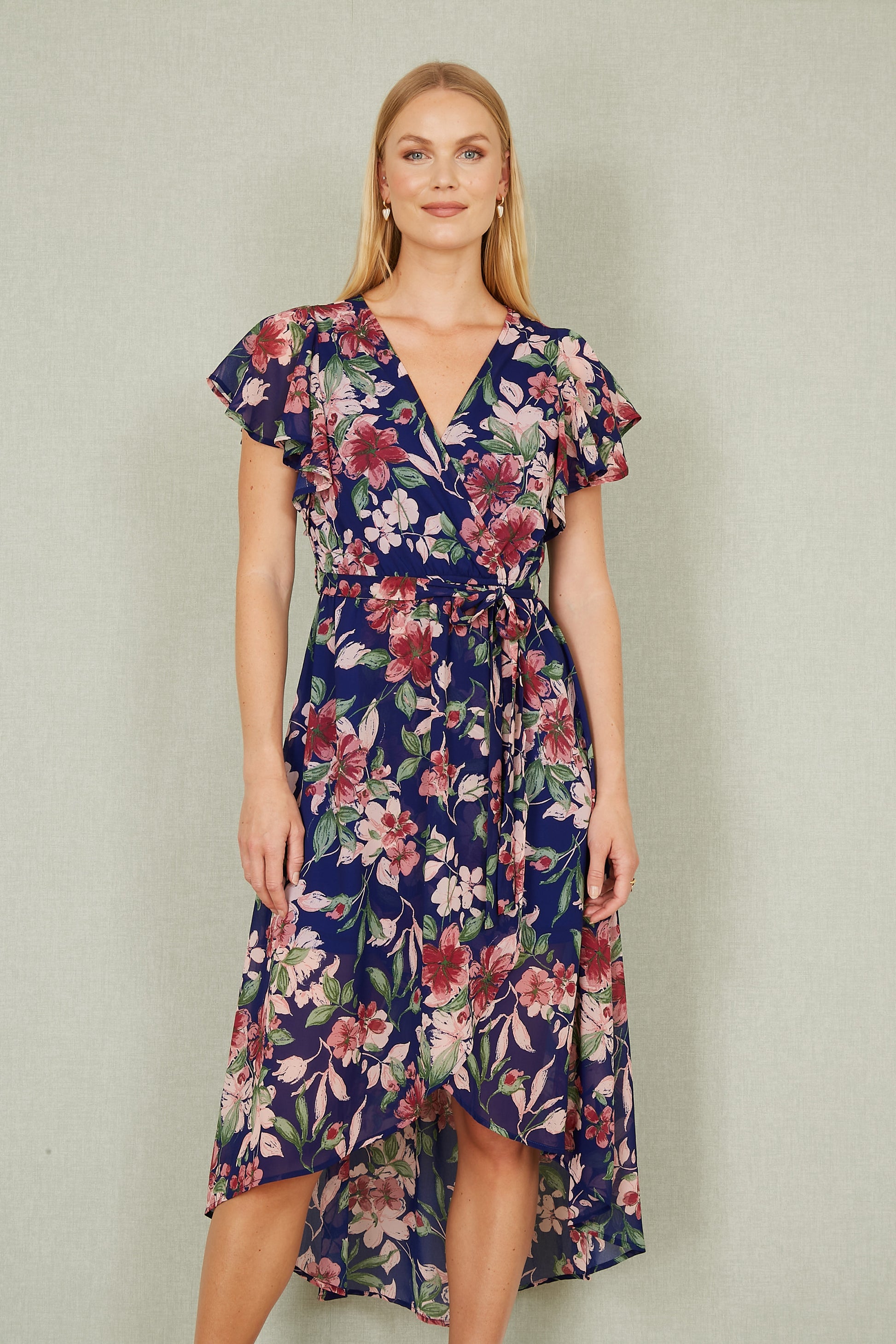 Yumi Blue Floral Wrap Midi Dress With Frill Hem Occasionwear Yumi