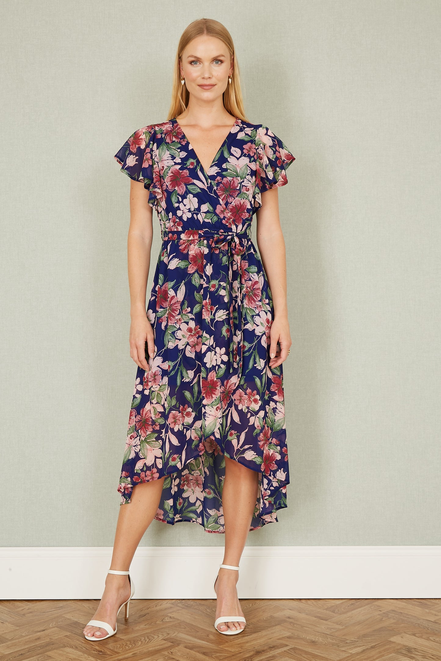 Yumi Blue Floral Wrap Midi Dress With Frill Hem Occasionwear Yumi