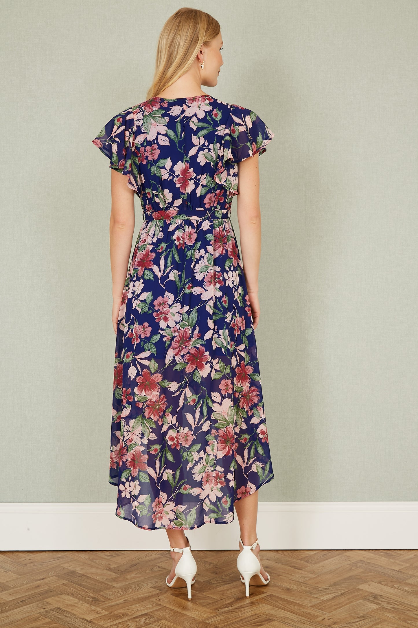 Yumi Blue Floral Wrap Midi Dress With Frill Hem Occasionwear Yumi