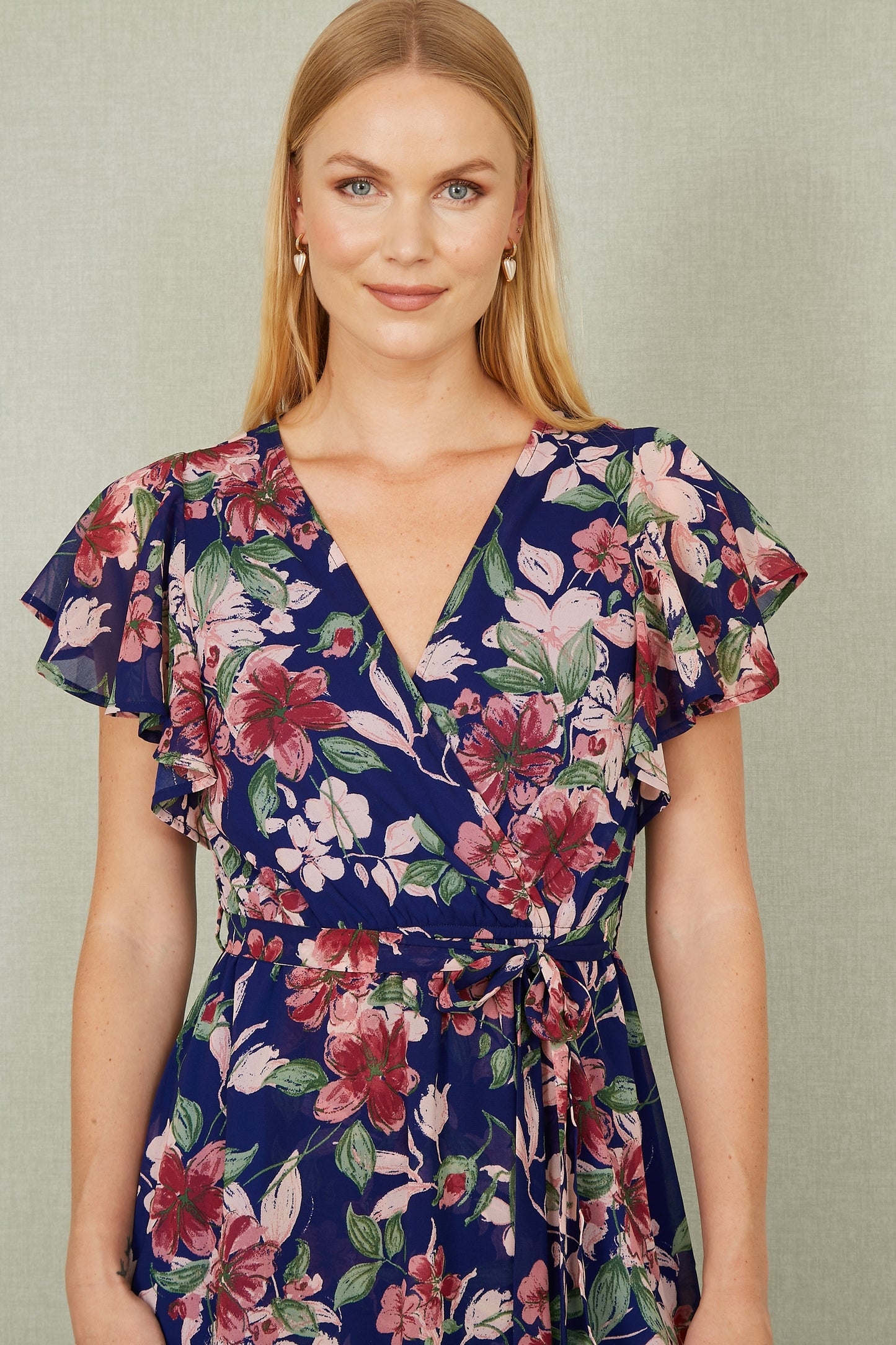 Yumi Blue Floral Wrap Midi Dress With Frill Hem Occasionwear Yumi