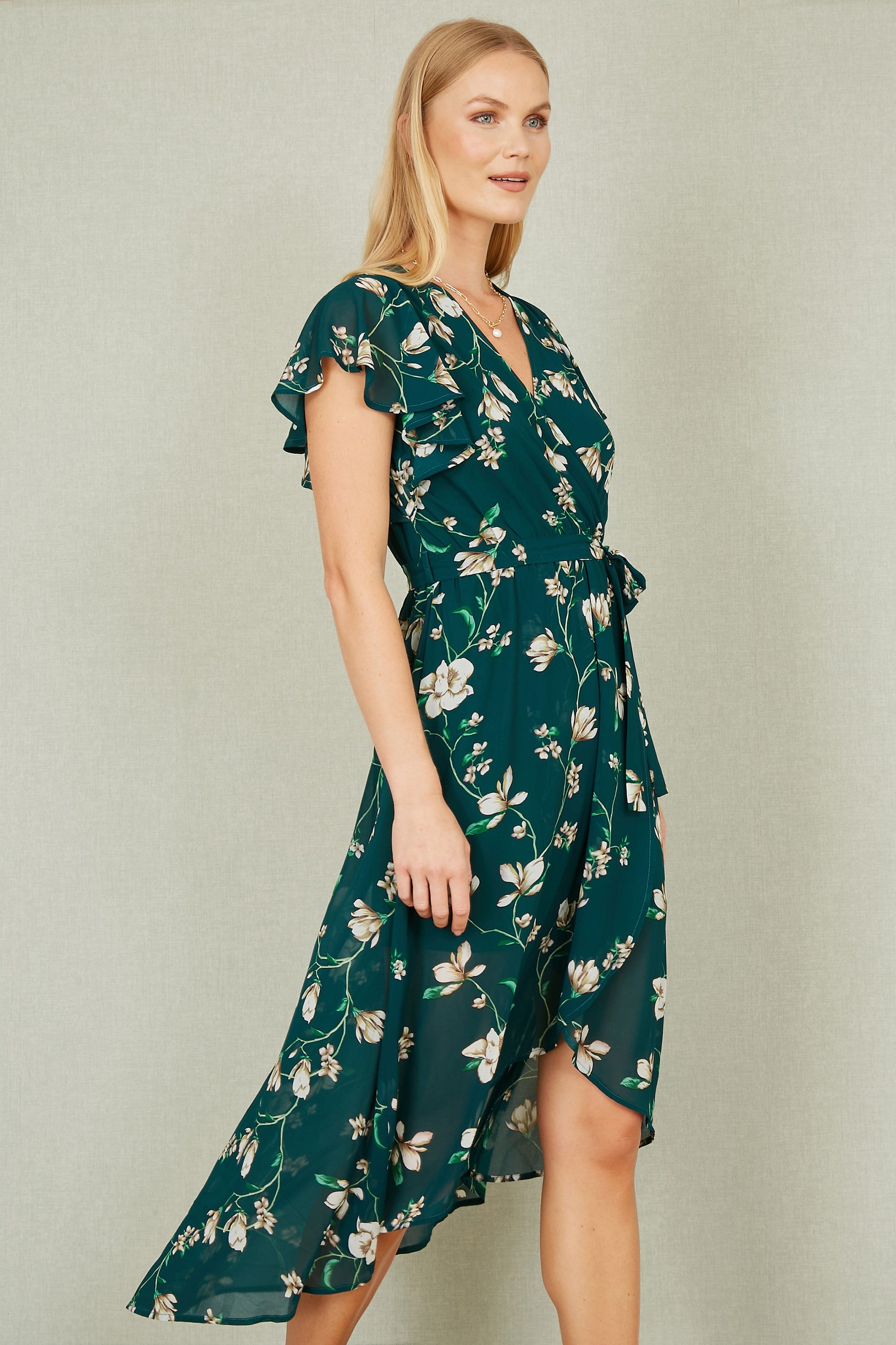 Yumi Green Floral Wrap Midi Dress With Frill Hem Occasionwear Yumi