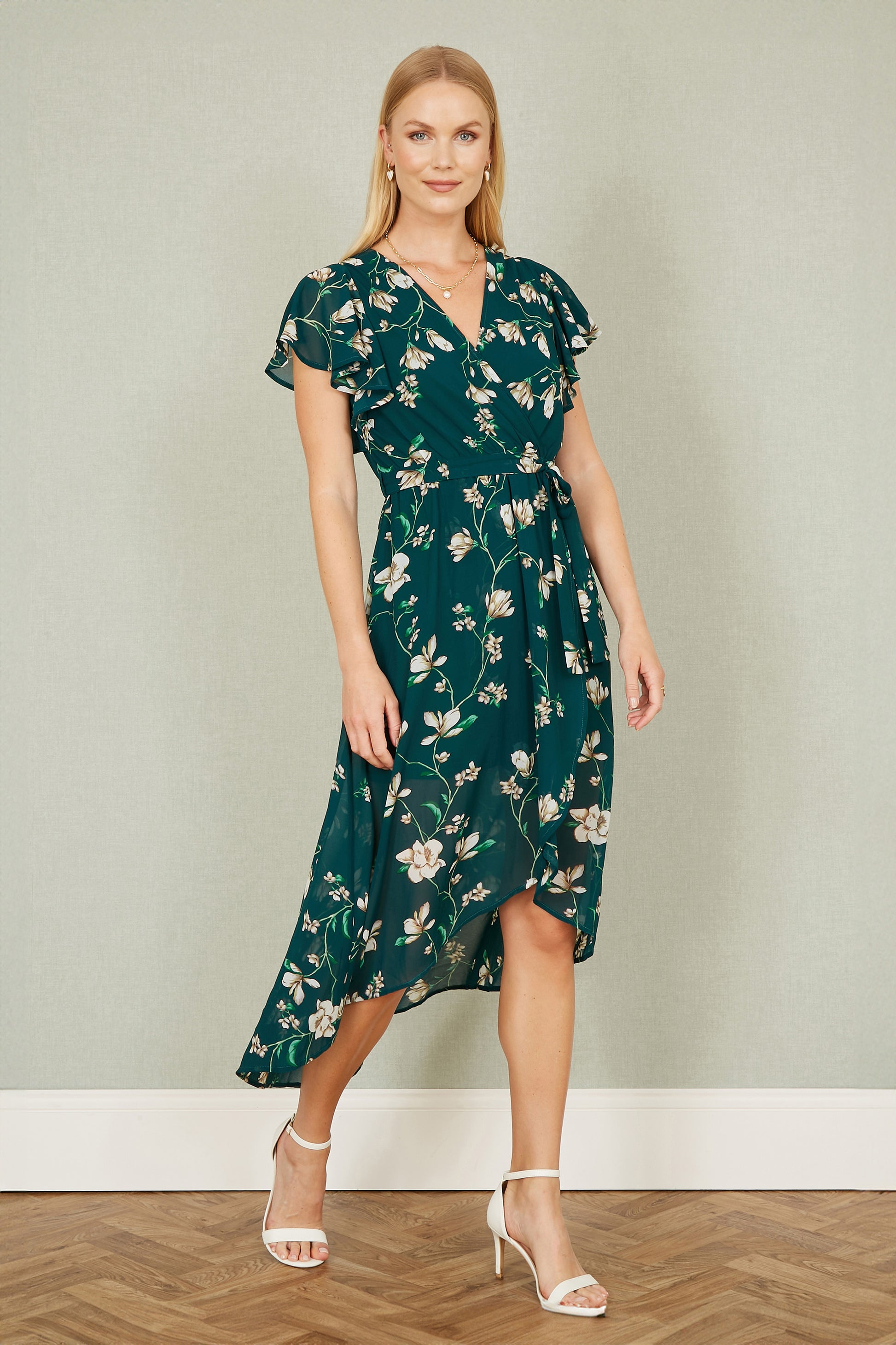 Yumi Green Floral Wrap Midi Dress With Frill Hem Occasionwear Yumi