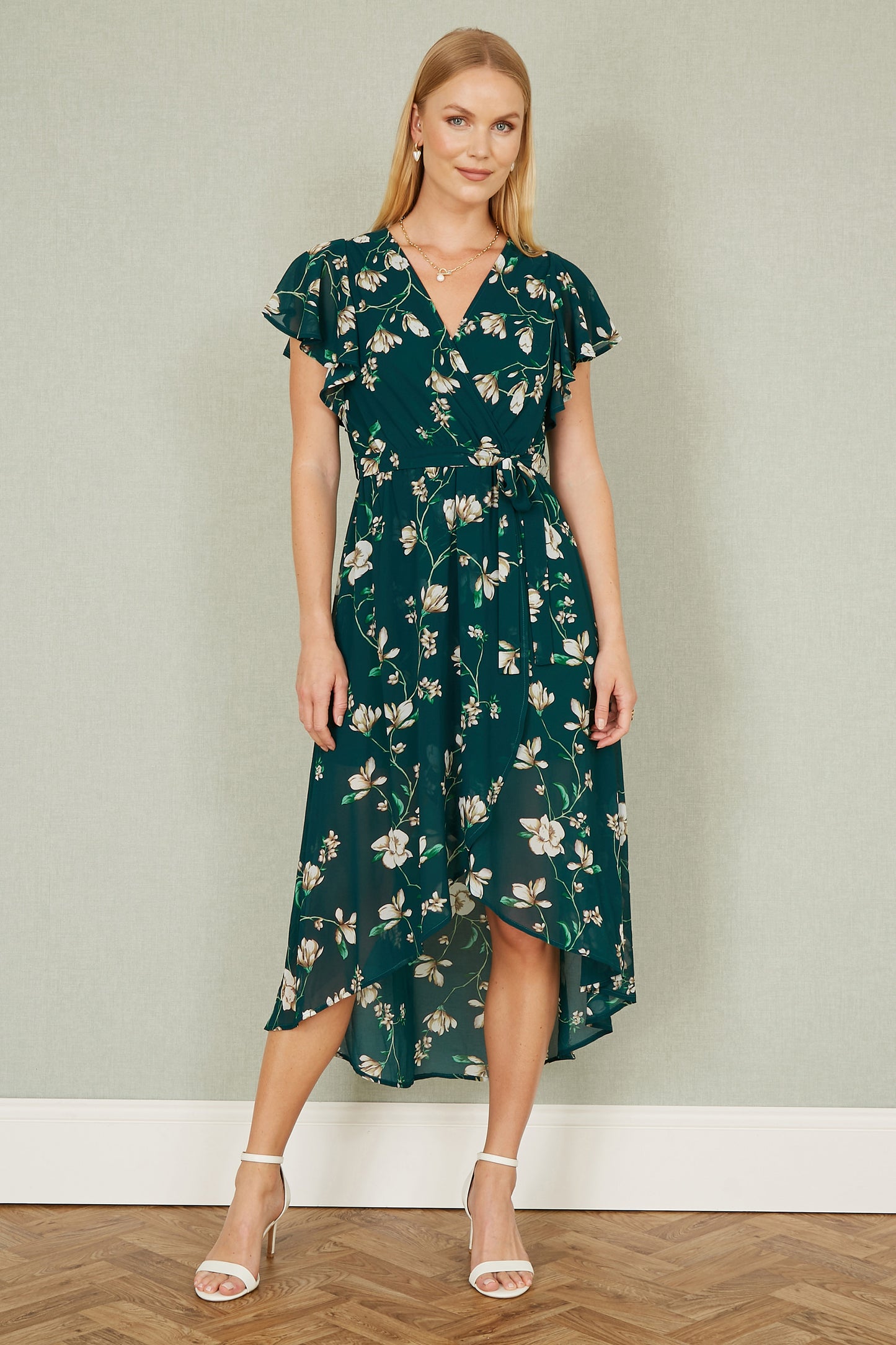 Yumi Green Floral Wrap Midi Dress With Frill Hem Occasionwear Yumi