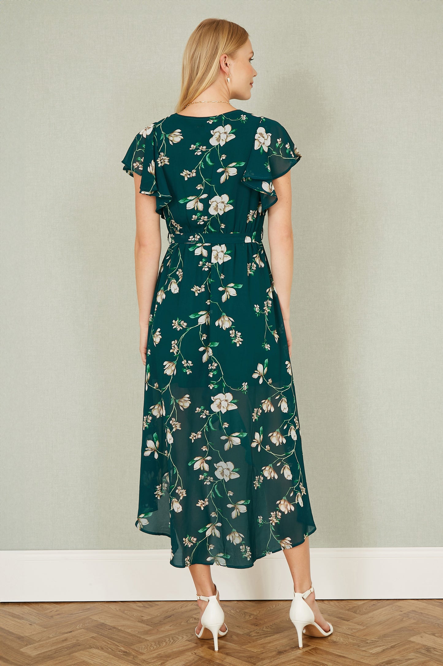 Yumi Green Floral Wrap Midi Dress With Frill Hem Occasionwear Yumi