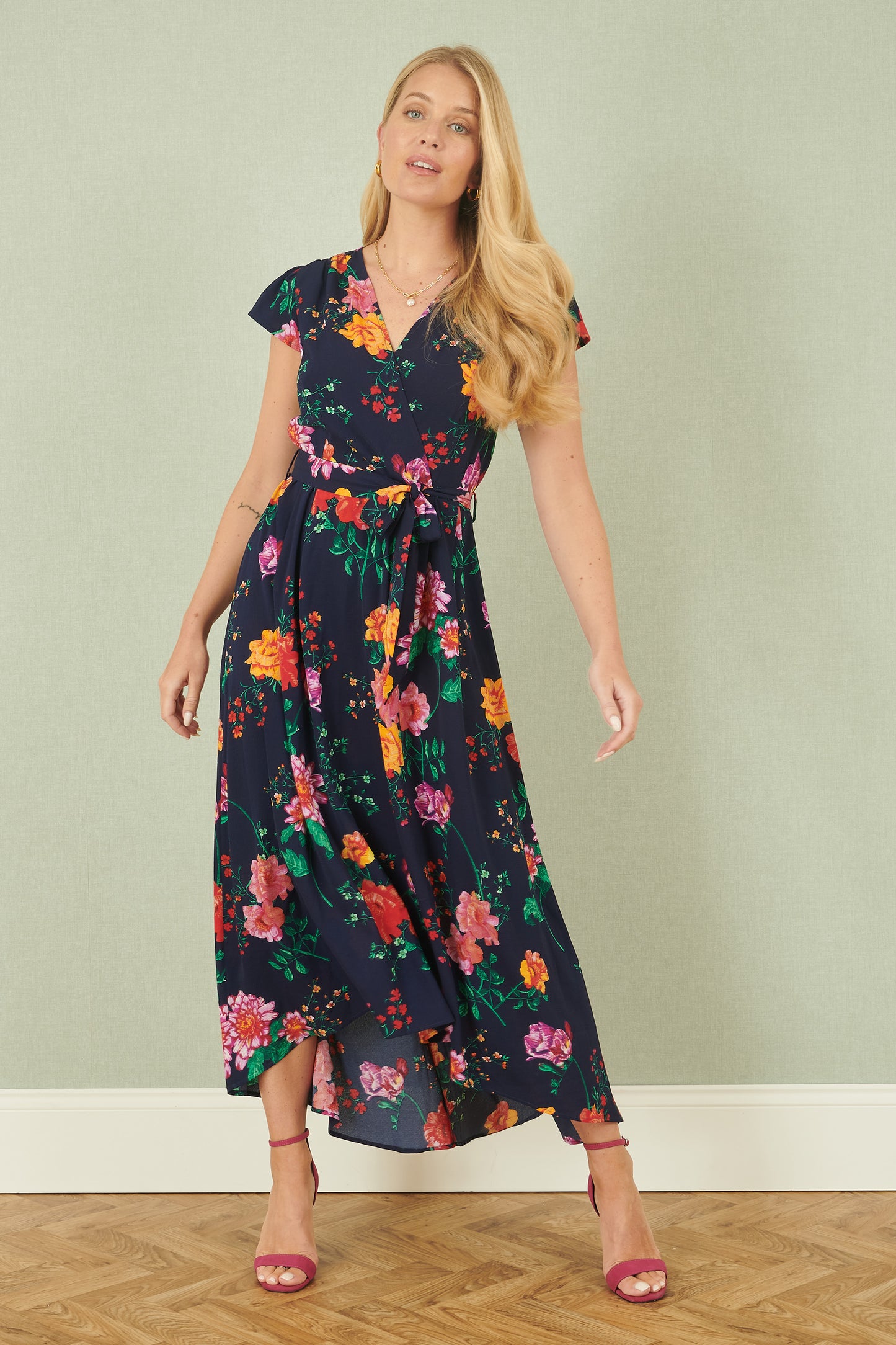 Yumi Navy Flower Print Wrap Midi Dress Occasionwear Yumi