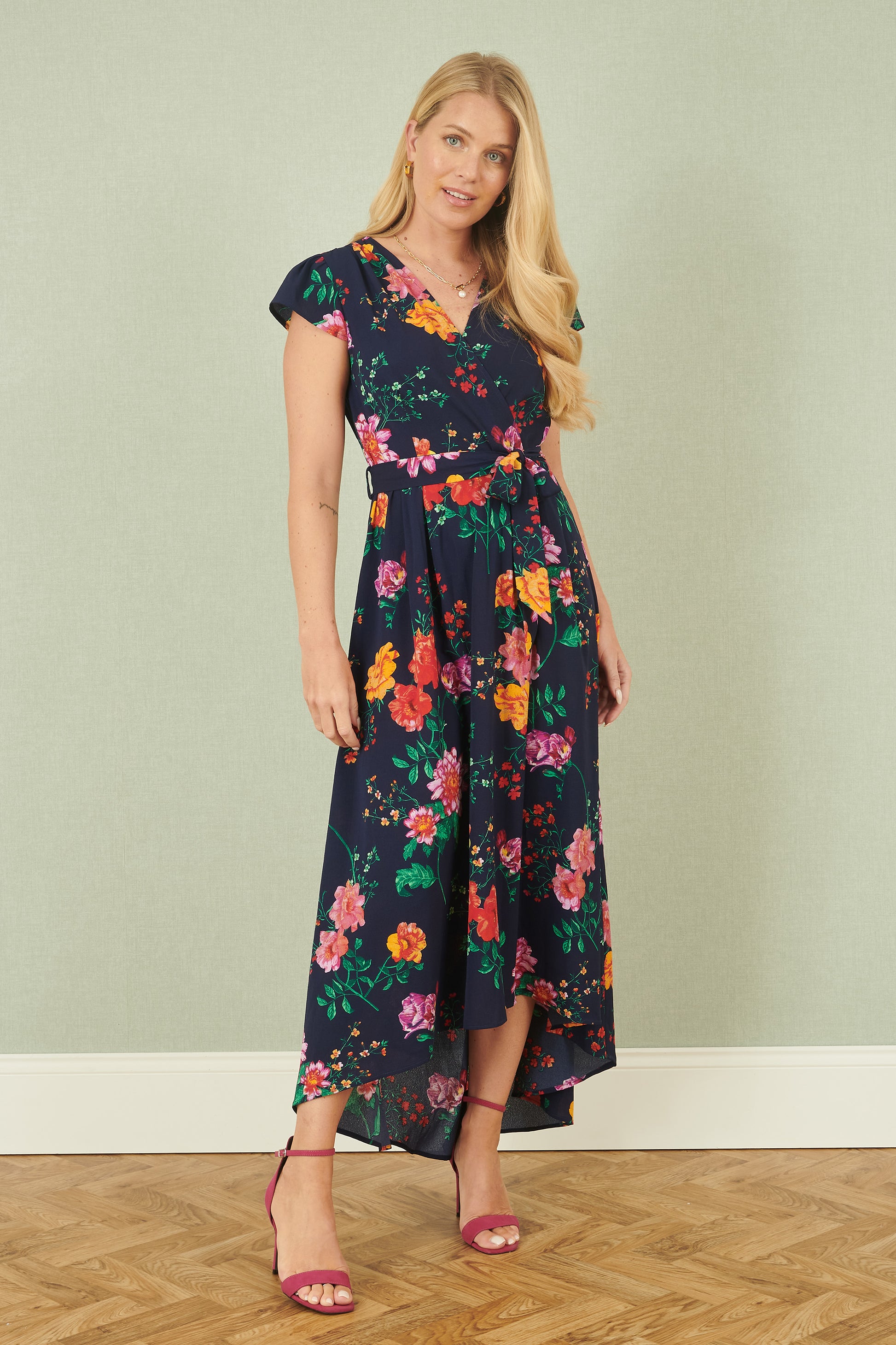 Yumi Navy Flower Print Wrap Midi Dress Occasionwear Yumi