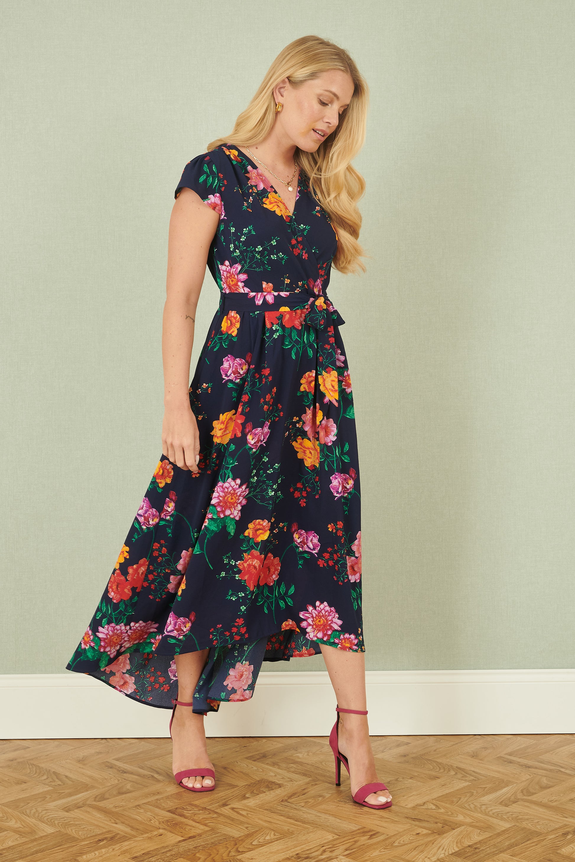 Yumi Navy Flower Print Wrap Midi Dress Occasionwear Yumi