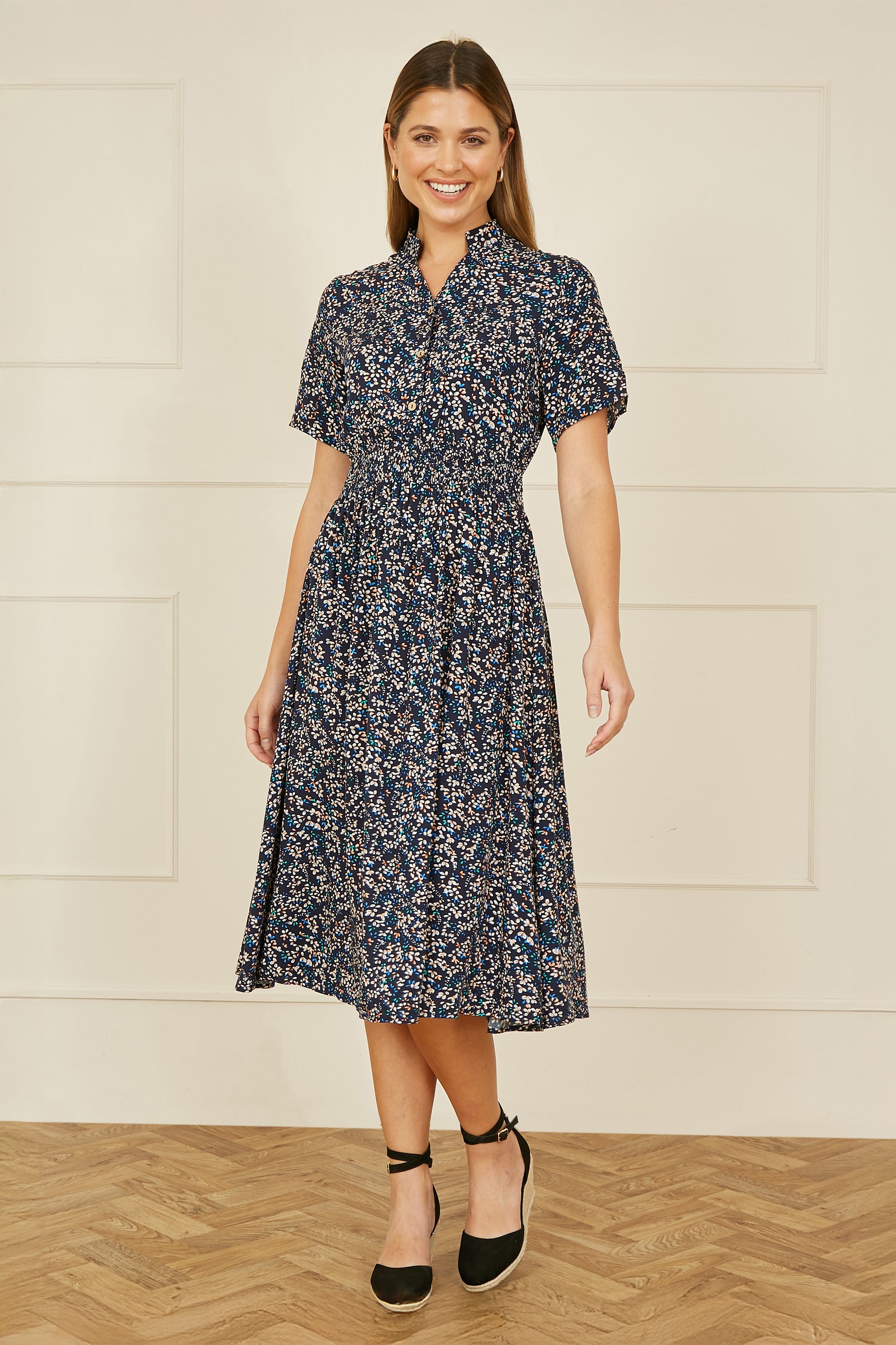 Yumi Navy Ditsy Print Ruched Waist Button Down Midi Dress DRES Day Yumi