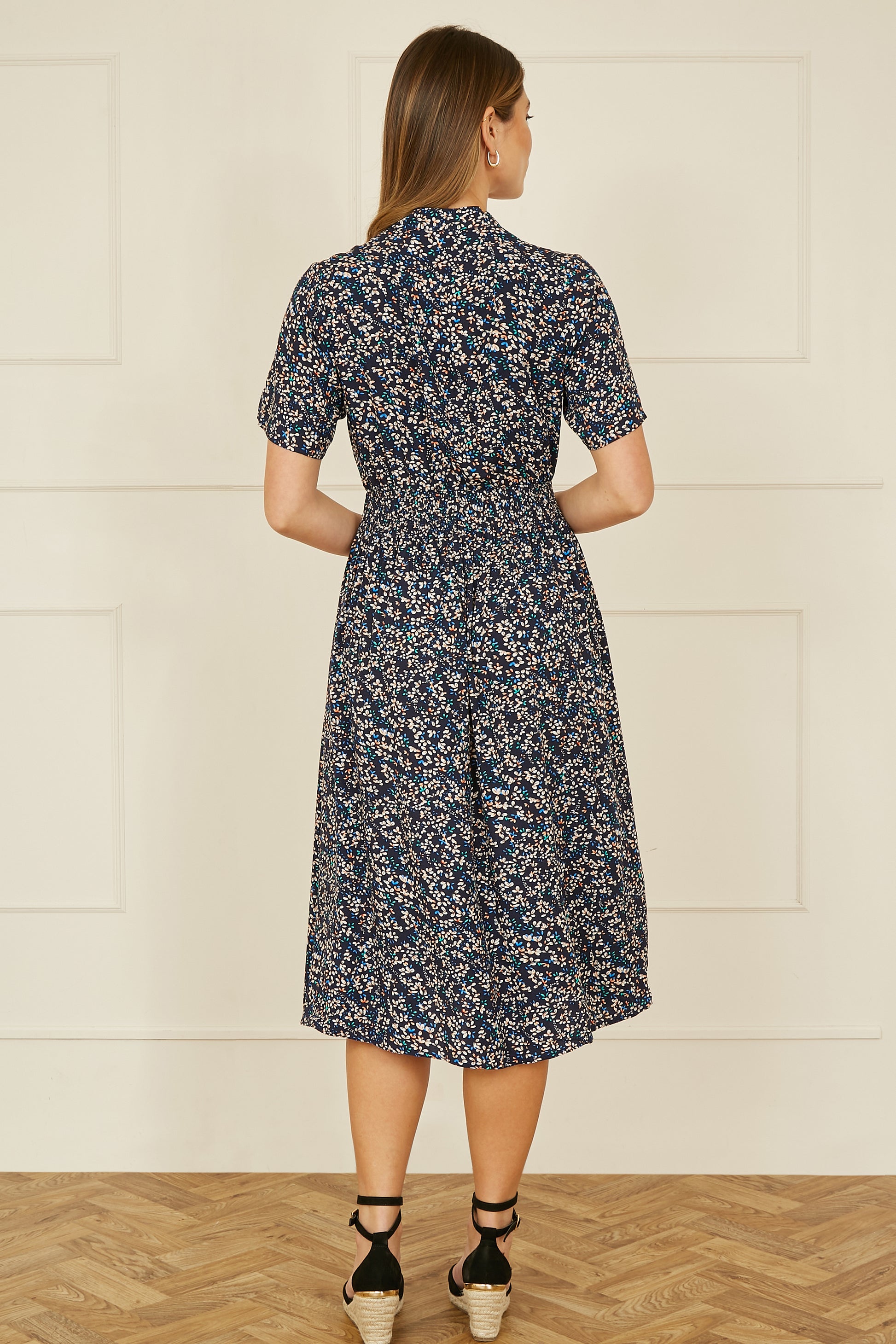 Yumi Navy Ditsy Print Ruched Waist Button Down Midi Dress DRES Day Yumi