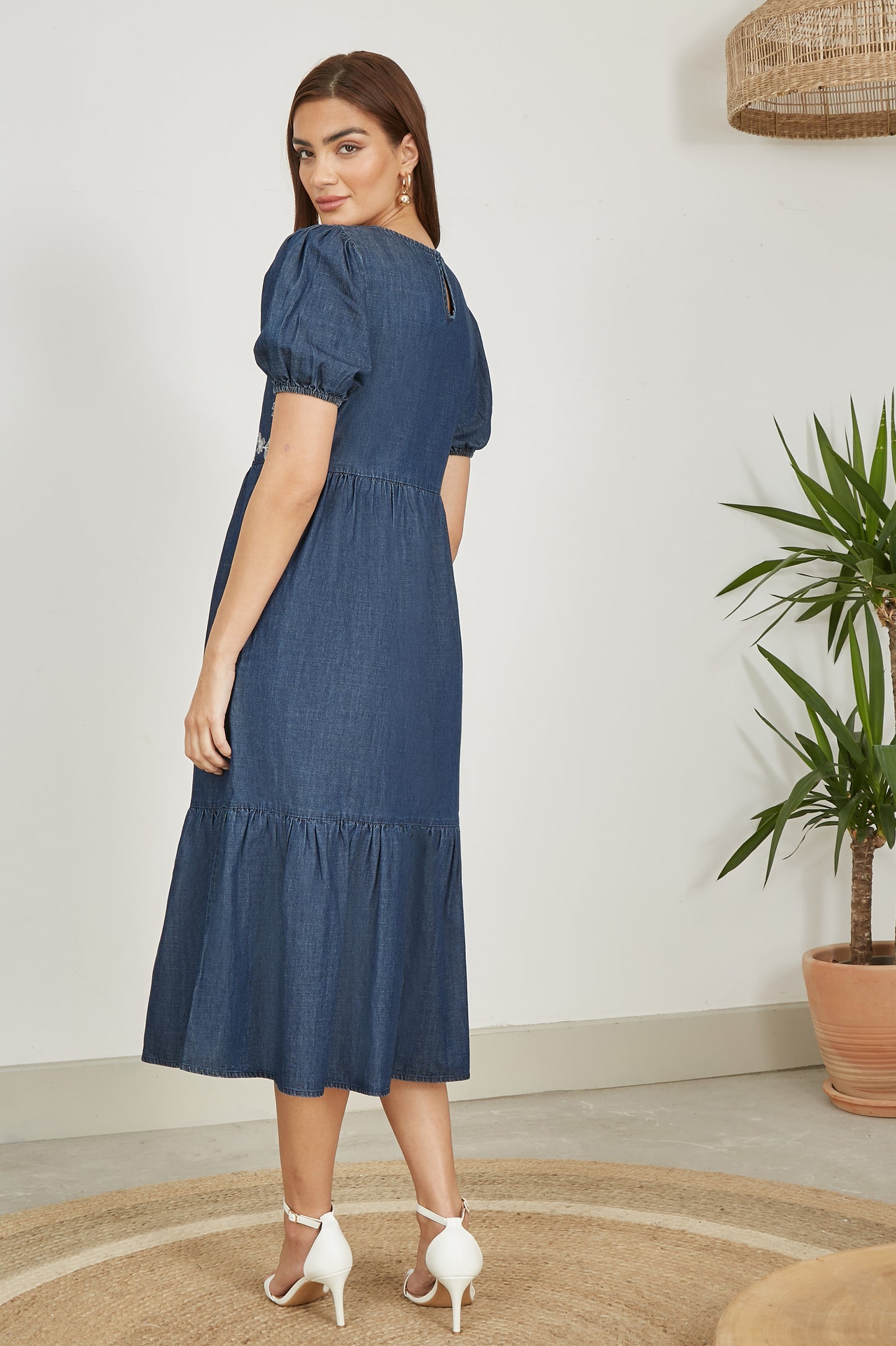 Yumi Blue Chambray Denim Midi Dress With Embroidery And Puff Sleeves DRES Day Yumi