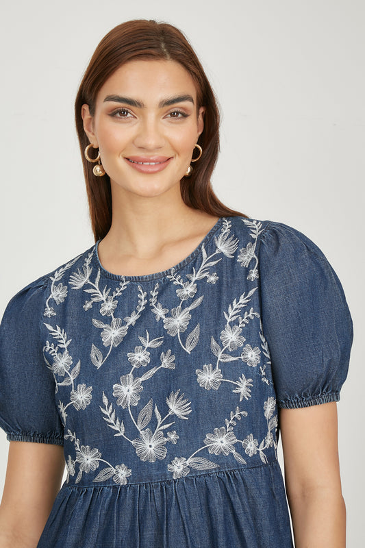 Yumi Blue Chambray Denim Midi Dress With Embroidery And Puff Sleeves DRES Day Yumi