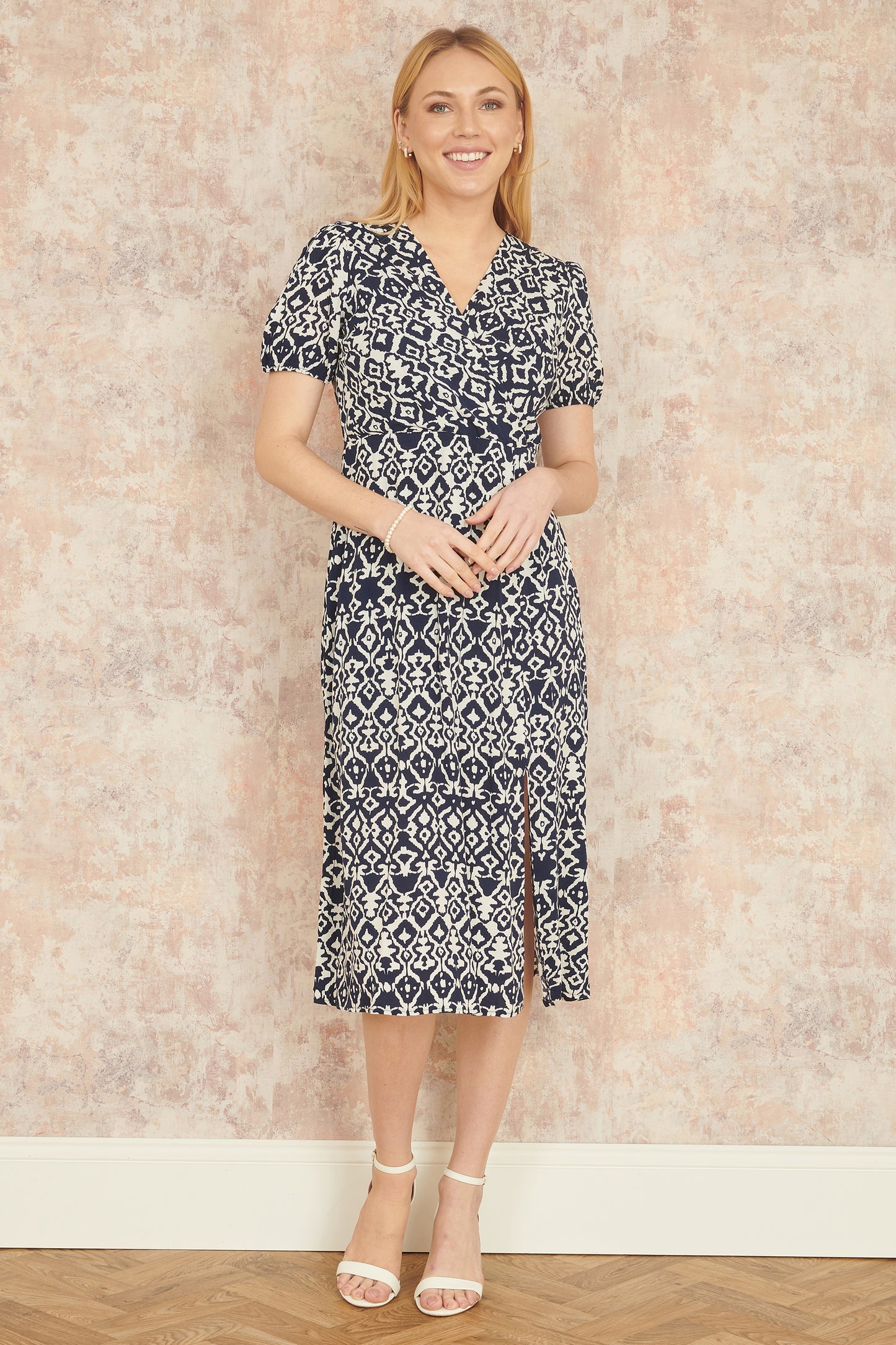 Yumi Navy Ikat Print Midi Dress With Split Hem DRES Day Yumi