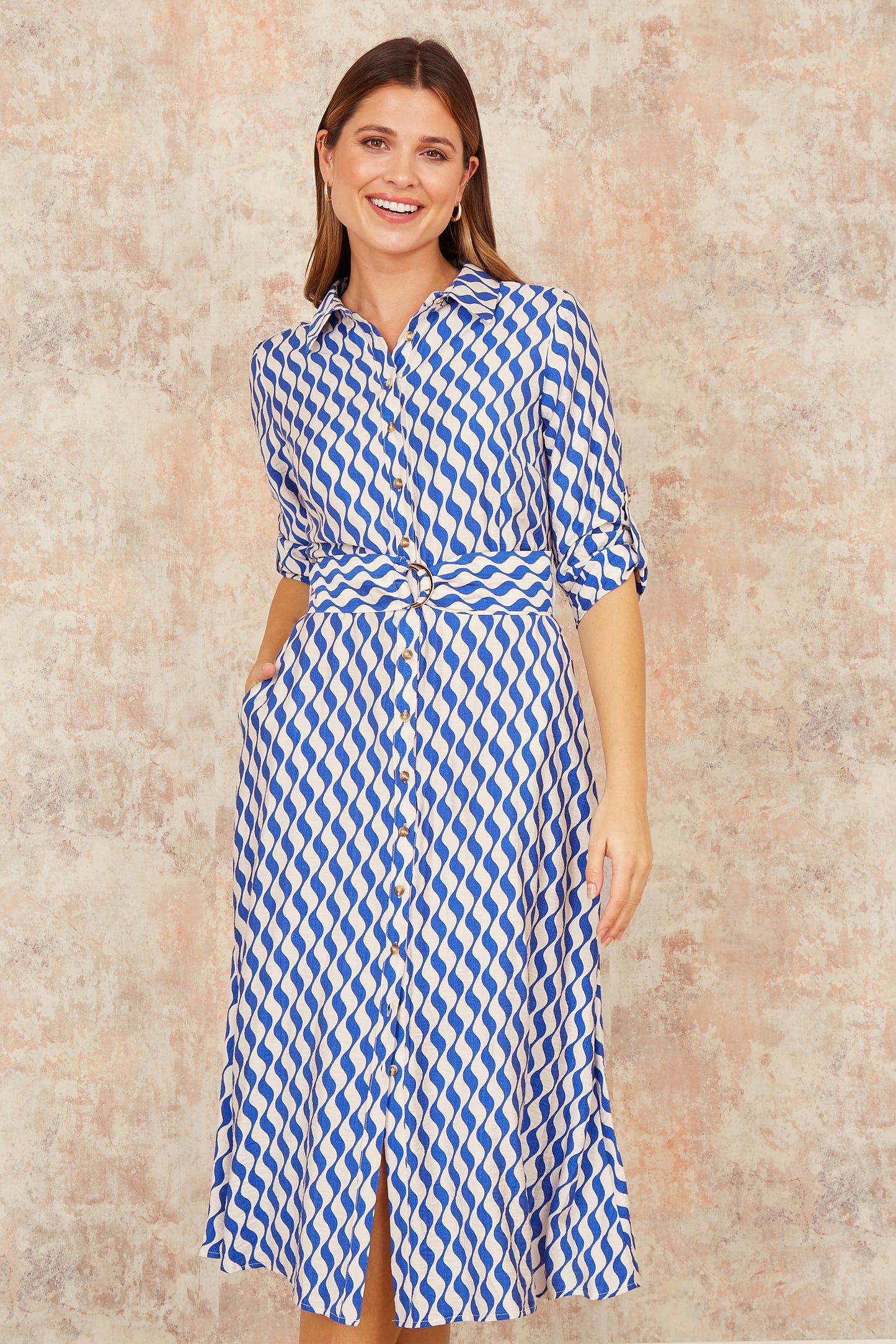 Yumi Blue Geo Swirl Print Midi Shirt Dress DRES Day Yumi