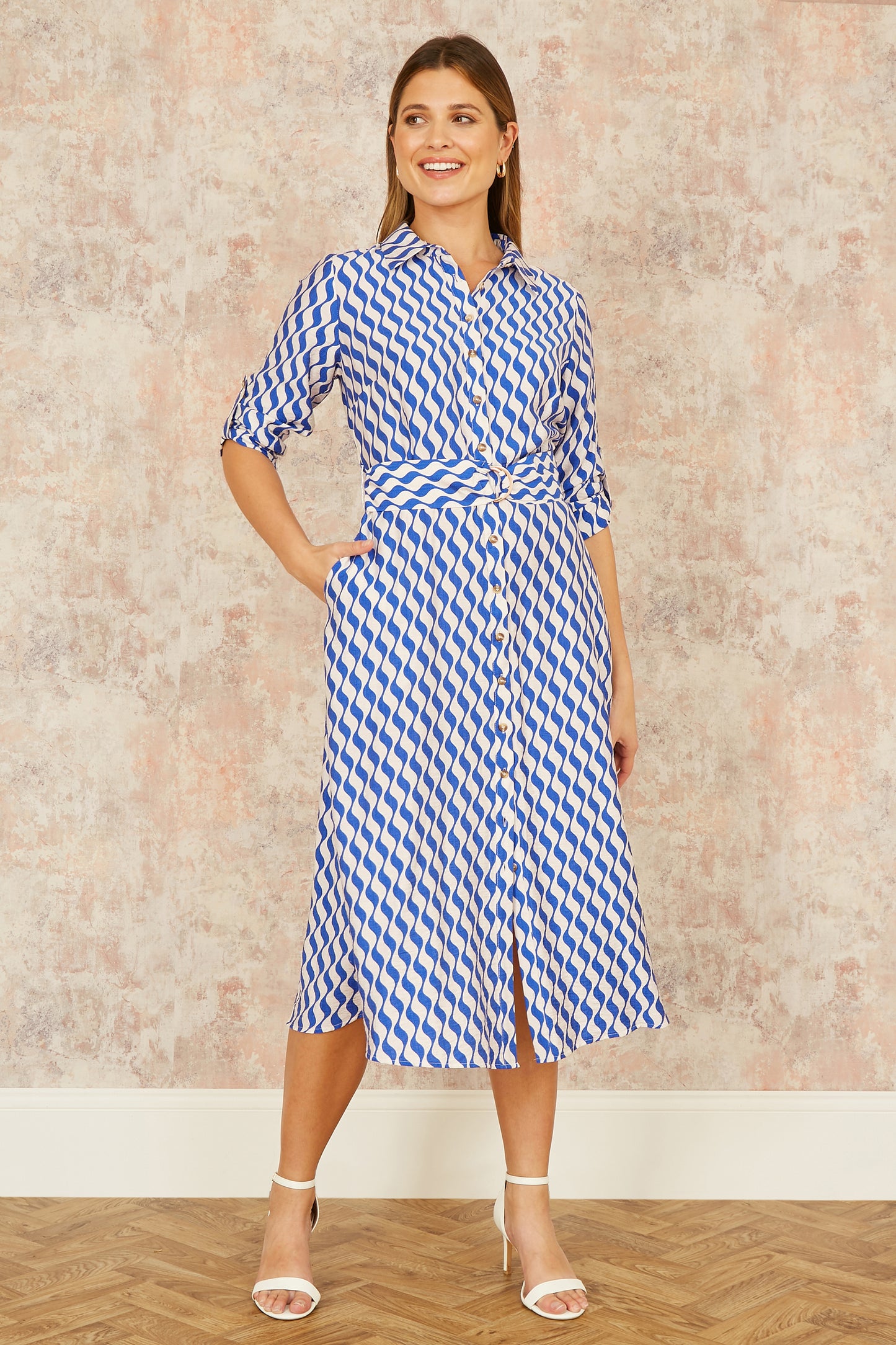 Yumi Blue Geo Swirl Print Midi Shirt Dress DRES Day Yumi