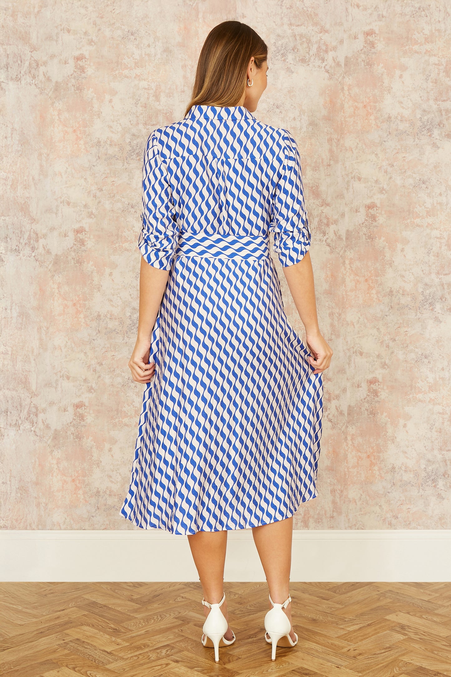 Yumi Blue Geo Swirl Print Midi Shirt Dress DRES Day Yumi